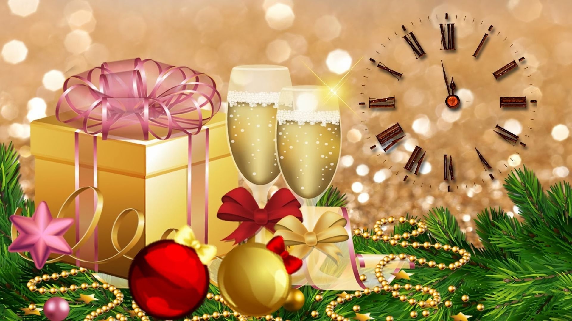 Download mobile wallpaper New Year, Clock, Christmas, Holiday, Gift, Decoration, Champagne for free.