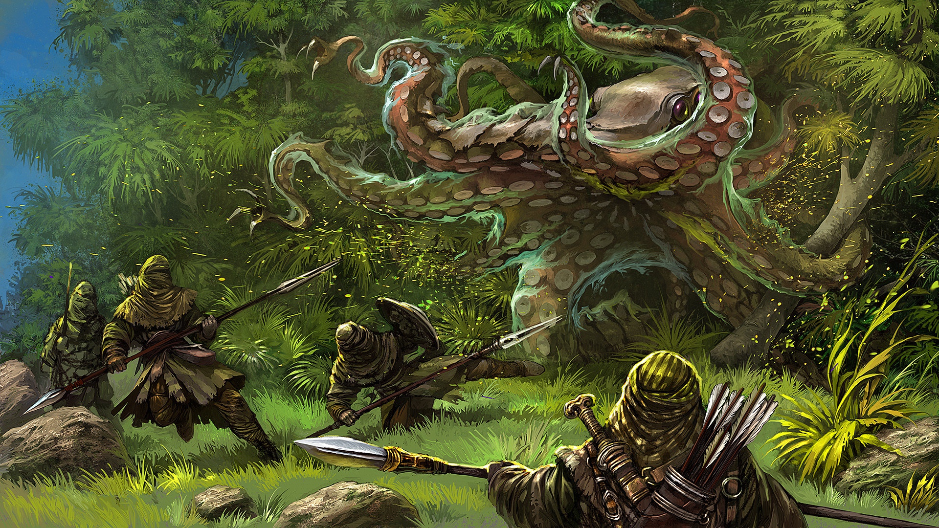 Free download wallpaper Fantasy, Octopus, Warrior, Creature, Spear on your PC desktop