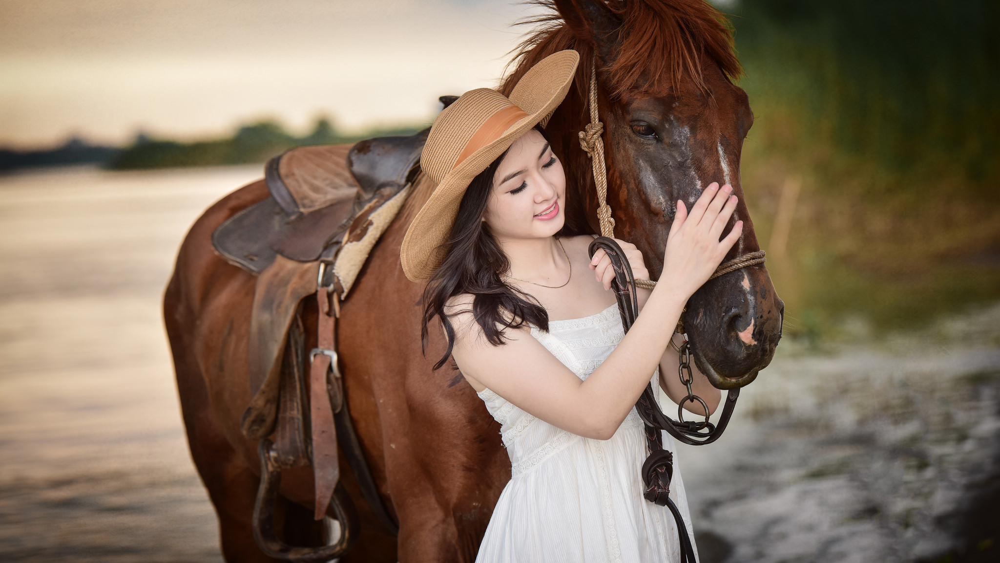 Download mobile wallpaper Horse, Hat, Brunette, Model, Women, Asian, White Dress for free.