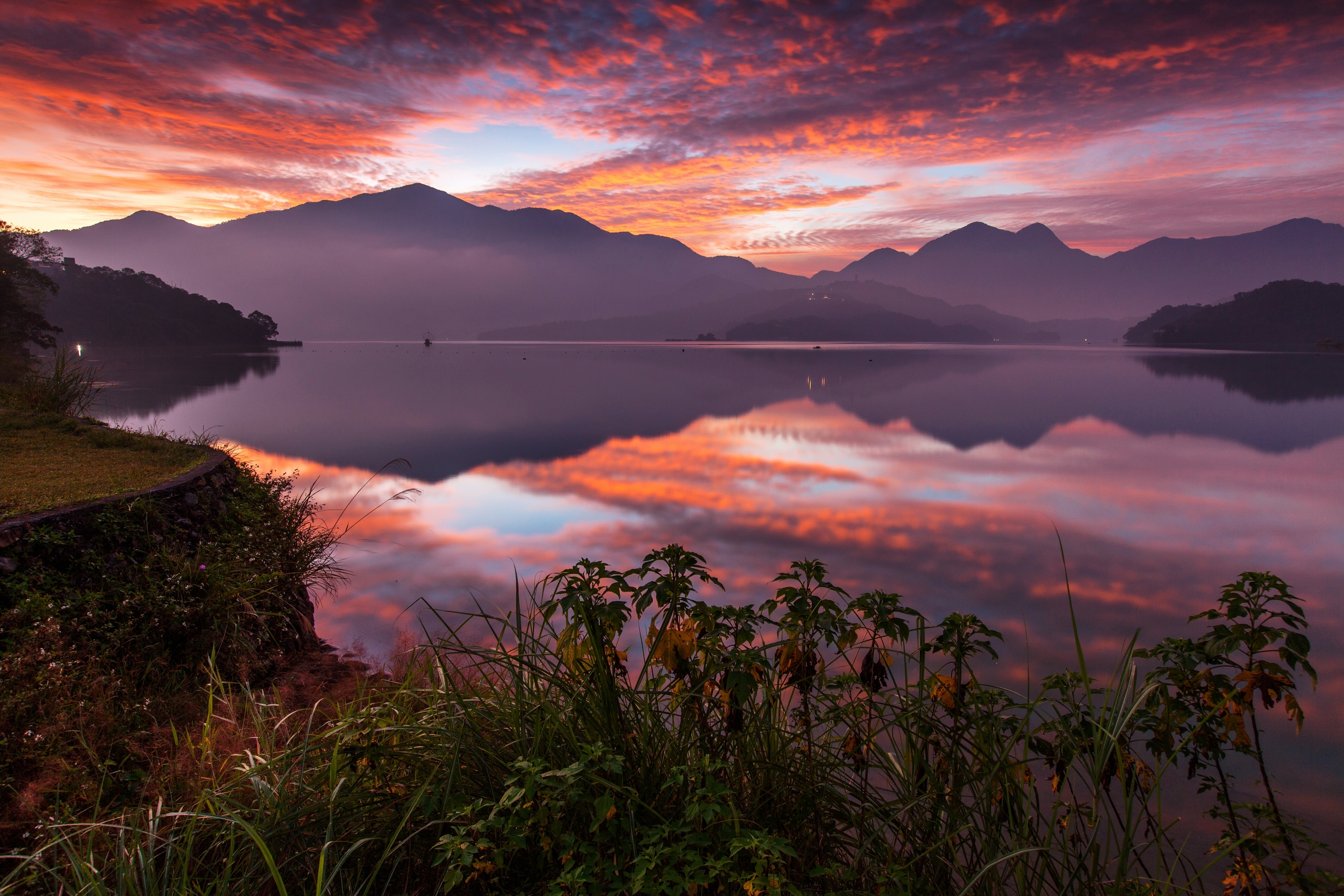 sunset, earth, reflection, cloud, lake, landscape, mountain, nature, sky, taiwan