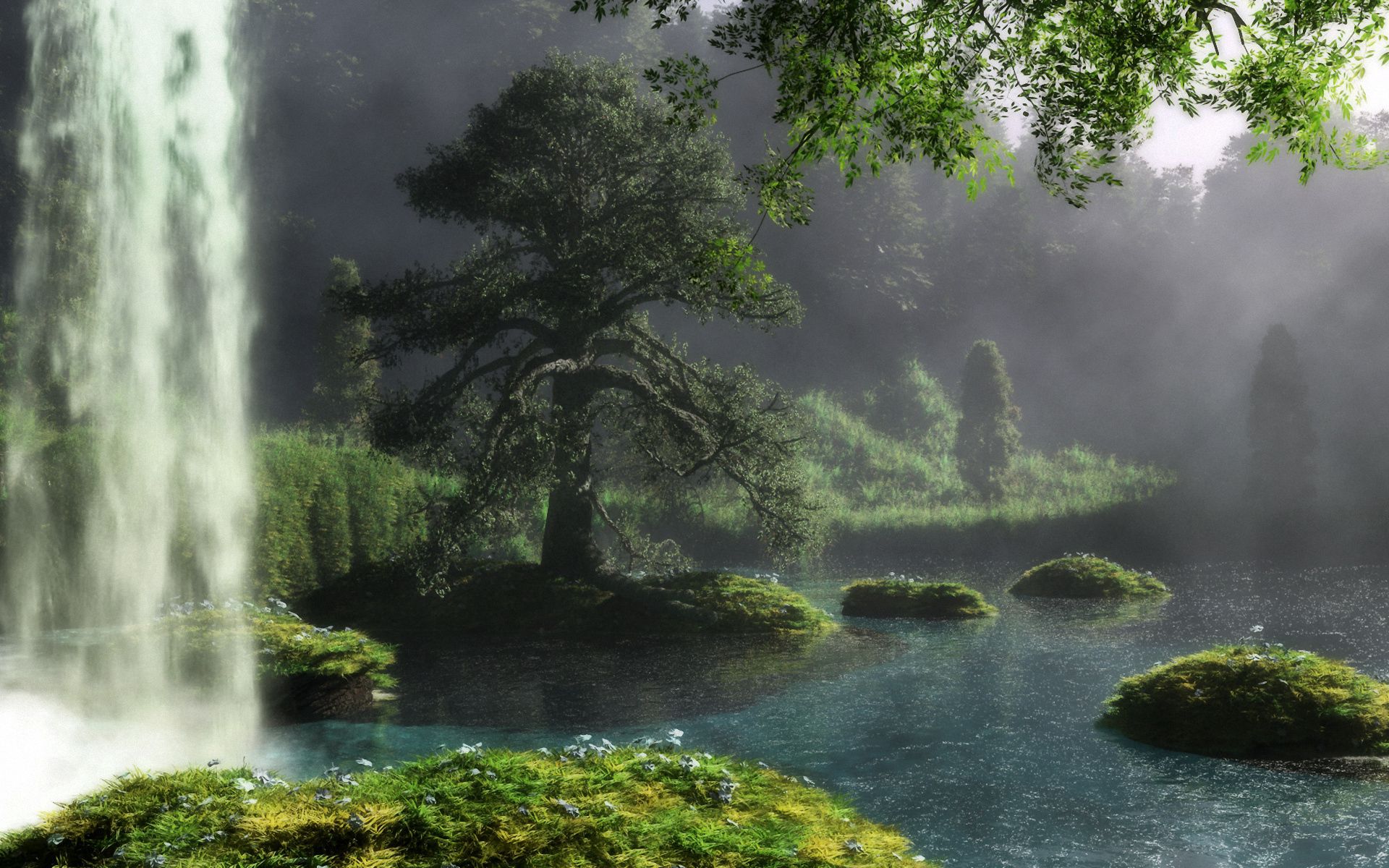 wood, nature, flowers, water, grass, waterfall, tree, flow, stream, reserve 4K for PC