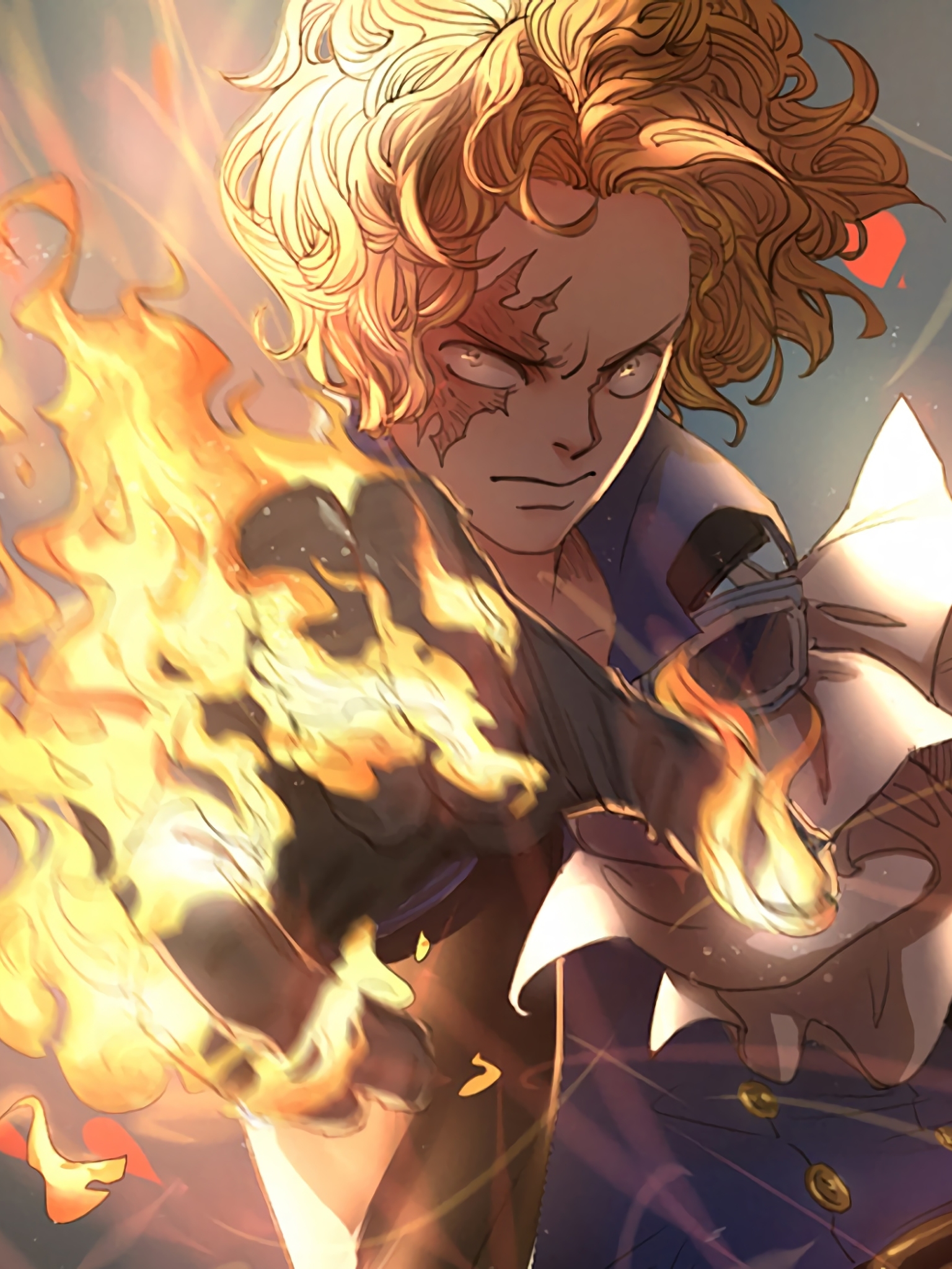 anime, one piece, sabo (one piece), yellow eyes, blonde, fire, angry