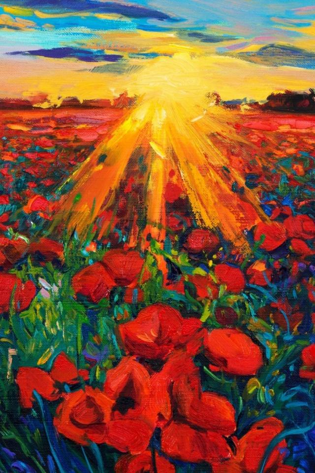 Download mobile wallpaper Flowers, Sunset, Flower, Field, Painting, Artistic, Poppy, Sunbeam, Sunbean for free.