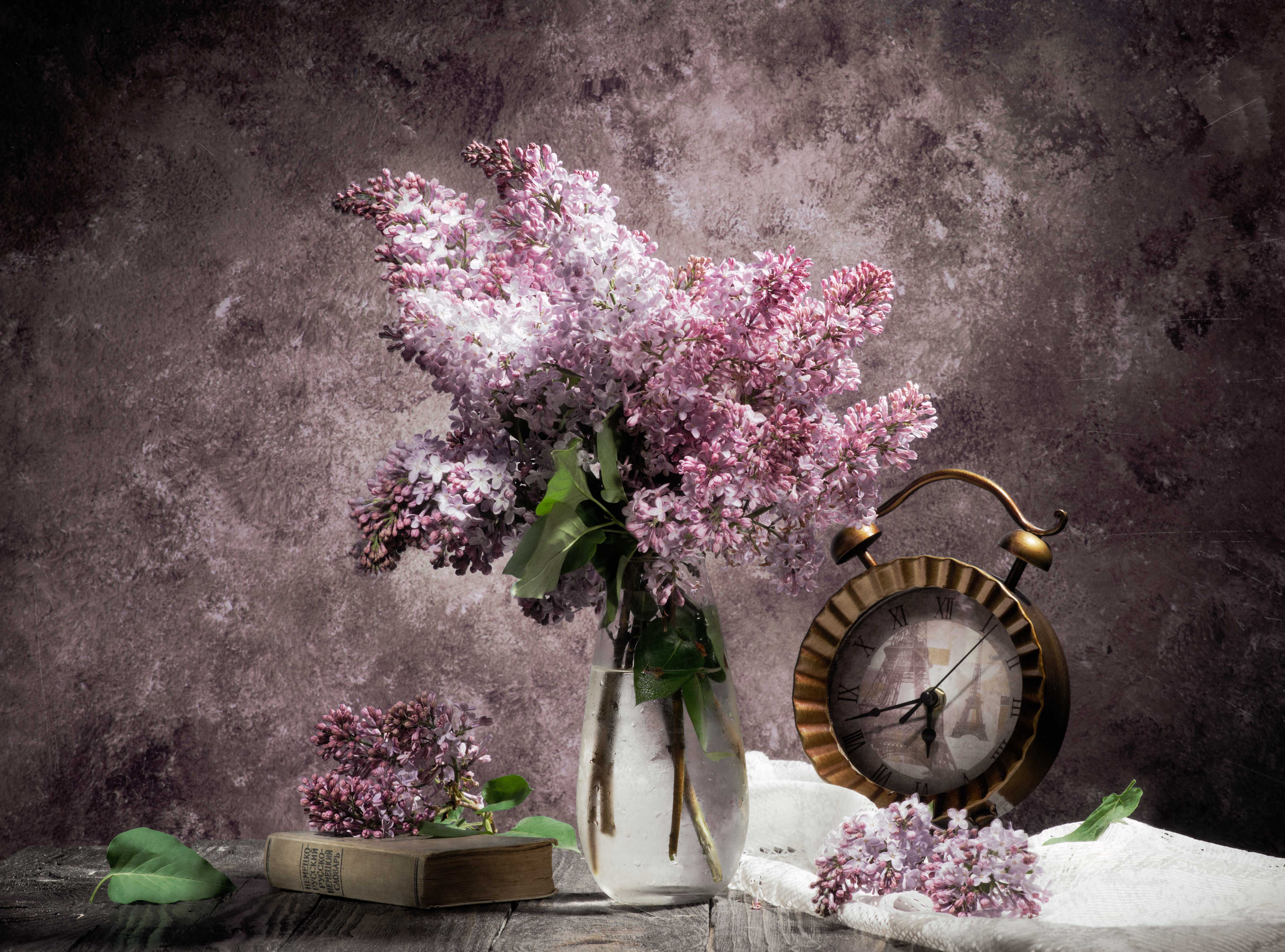 Free download wallpaper Lilac, Clock, Still Life, Bouquet, Book, Photography on your PC desktop