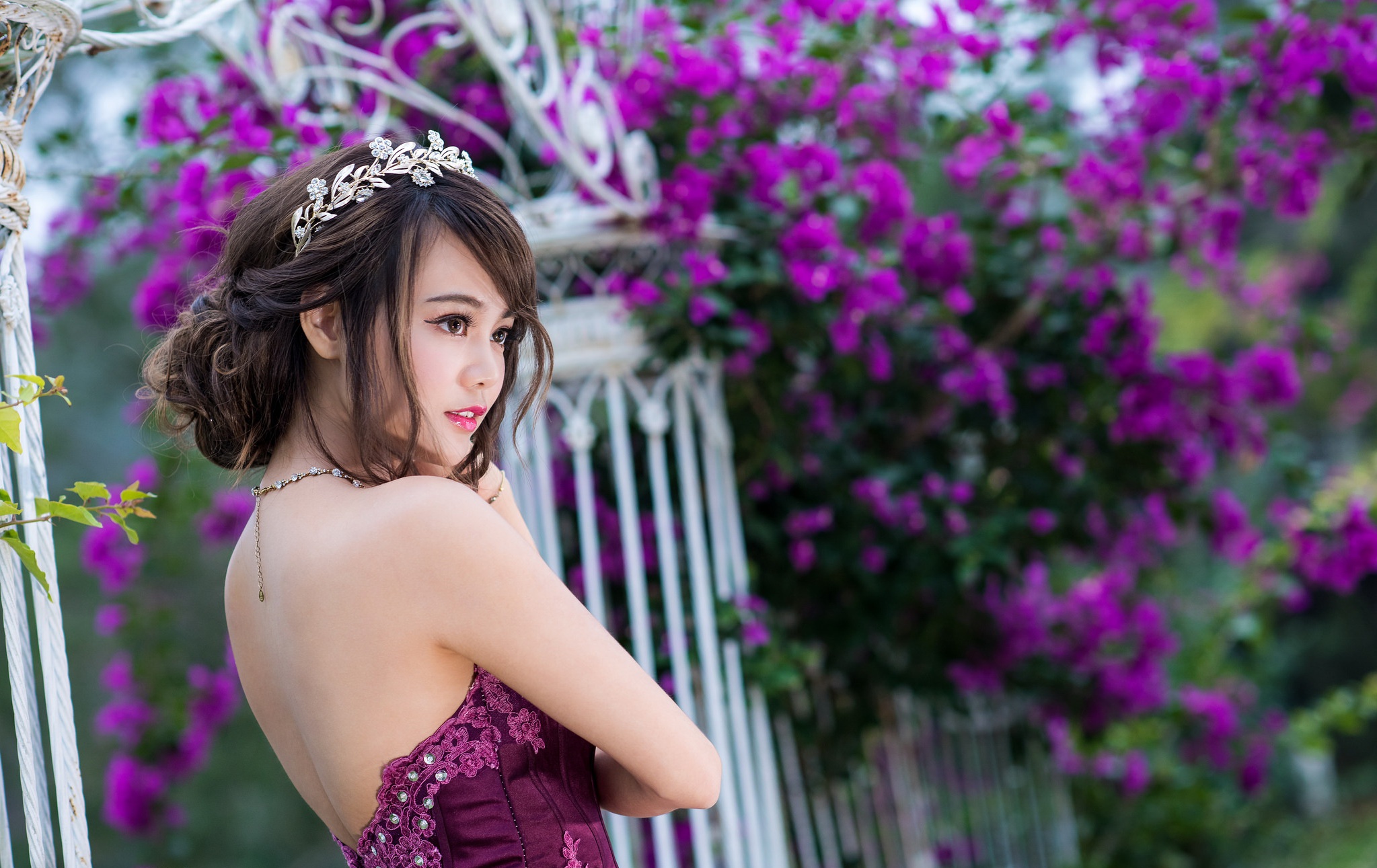 Download mobile wallpaper Blur, Brunette, Model, Women, Asian, Purple Flower, Brown Eyes for free.