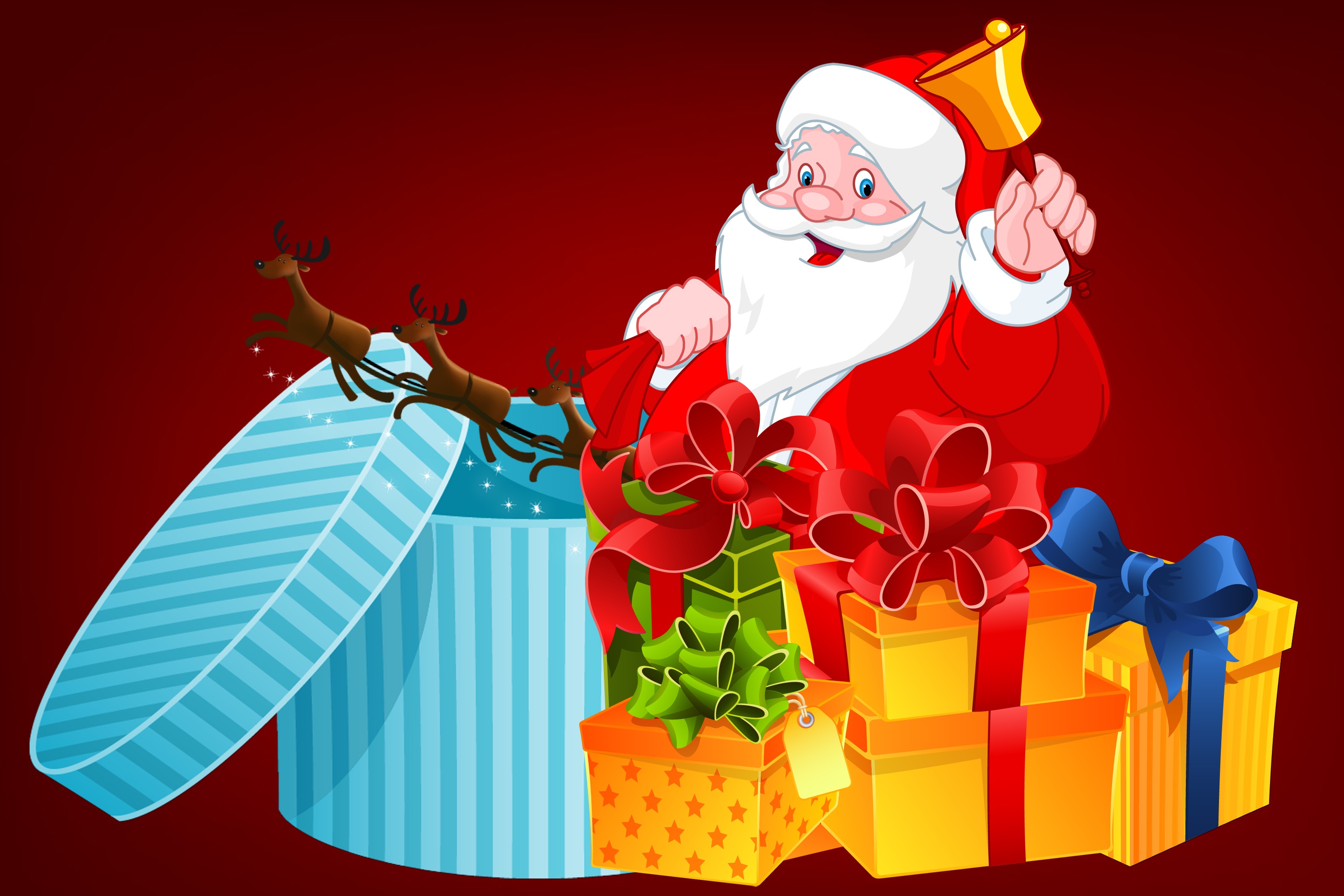Handy-Wallpaper Feiertage, Weihnachtsmann, Weihnachten, Geschenk, Glocke, Rentier kostenlos herunterladen.
