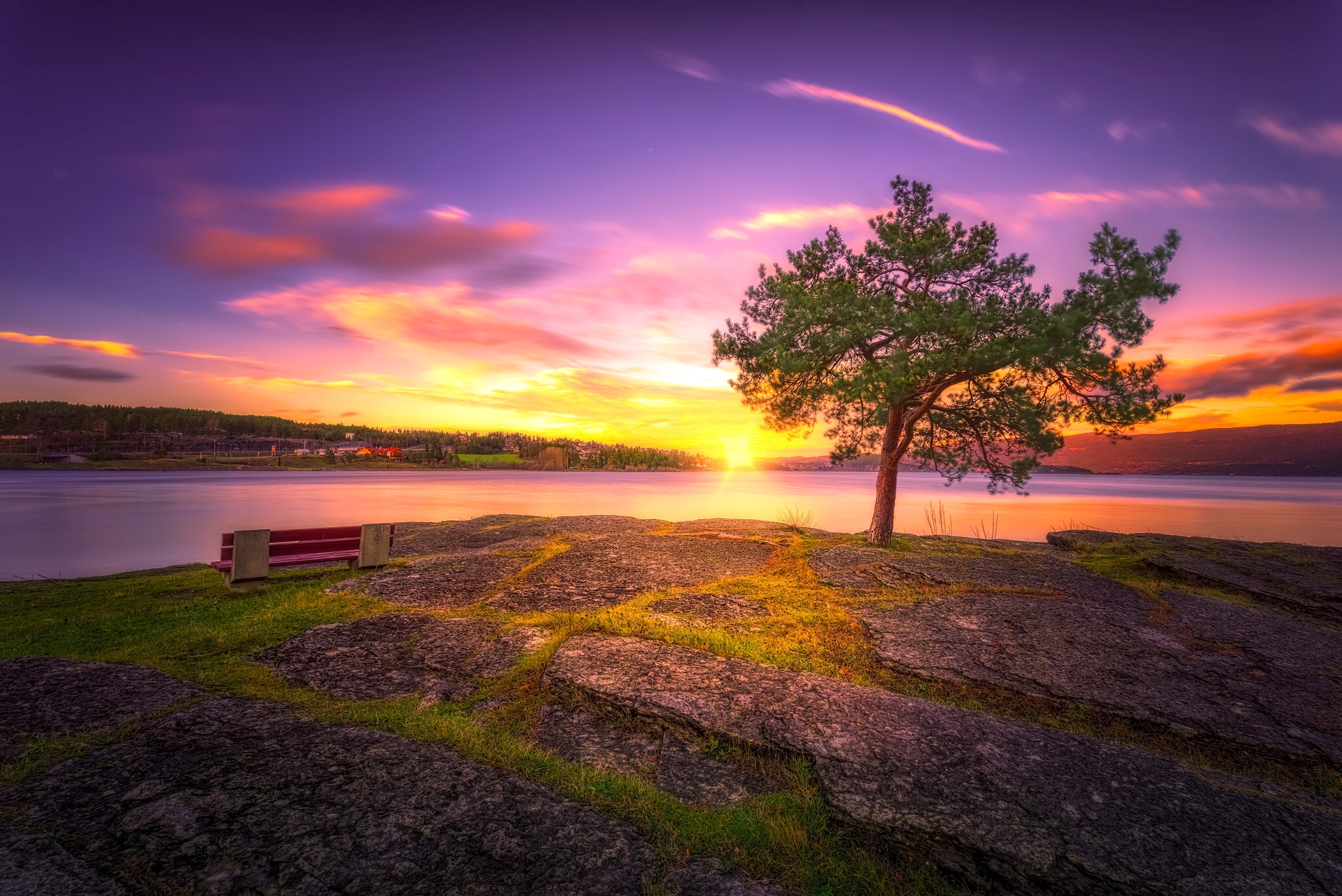 Téléchargez des papiers peints mobile Coucher De Soleil, Lac, Arbre, Banc, Photographie, Imagerie À Grande Gamme Dynamique gratuitement.