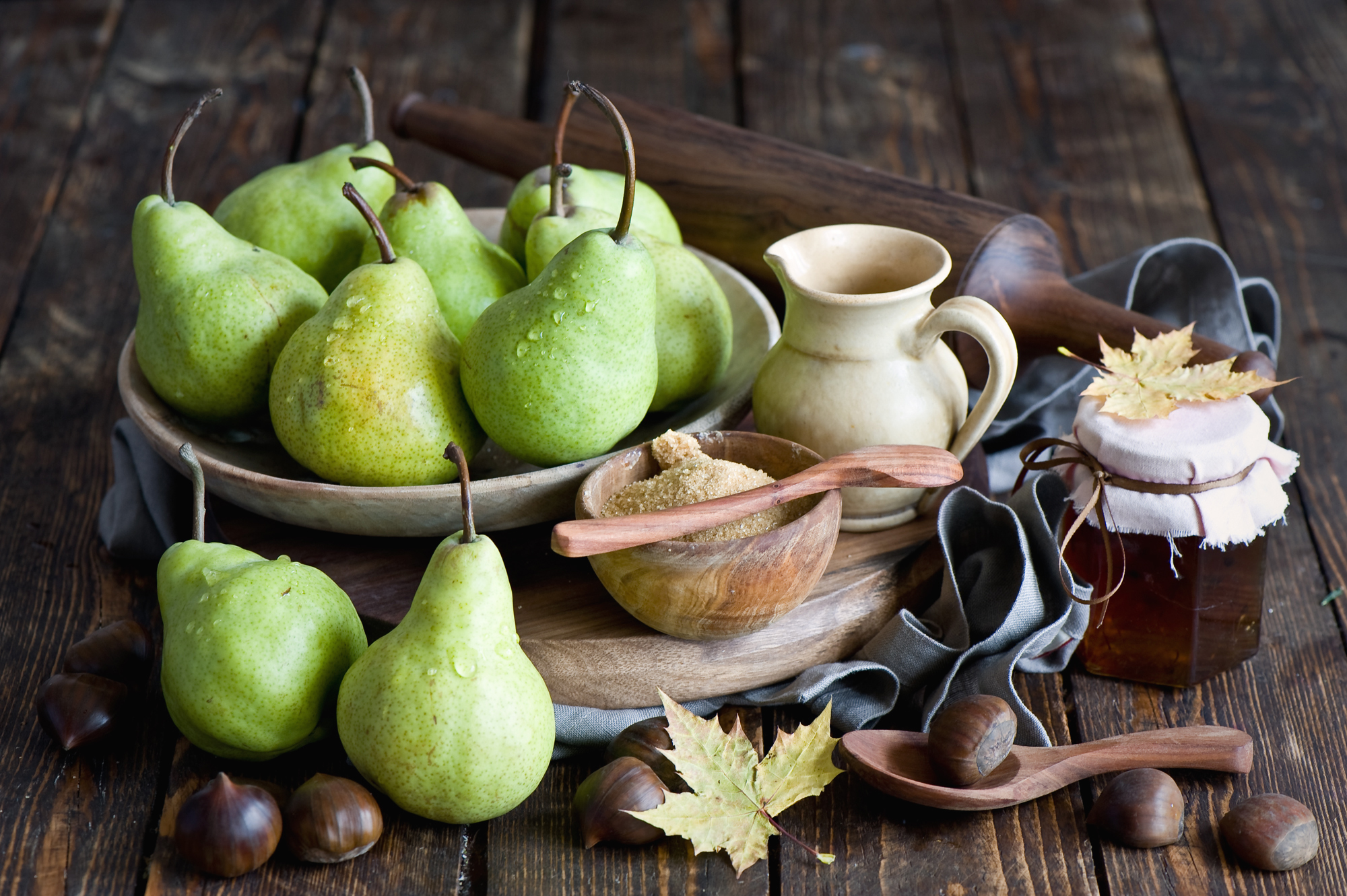 Download mobile wallpaper Food, Still Life, Fall, Honey, Pear for free.