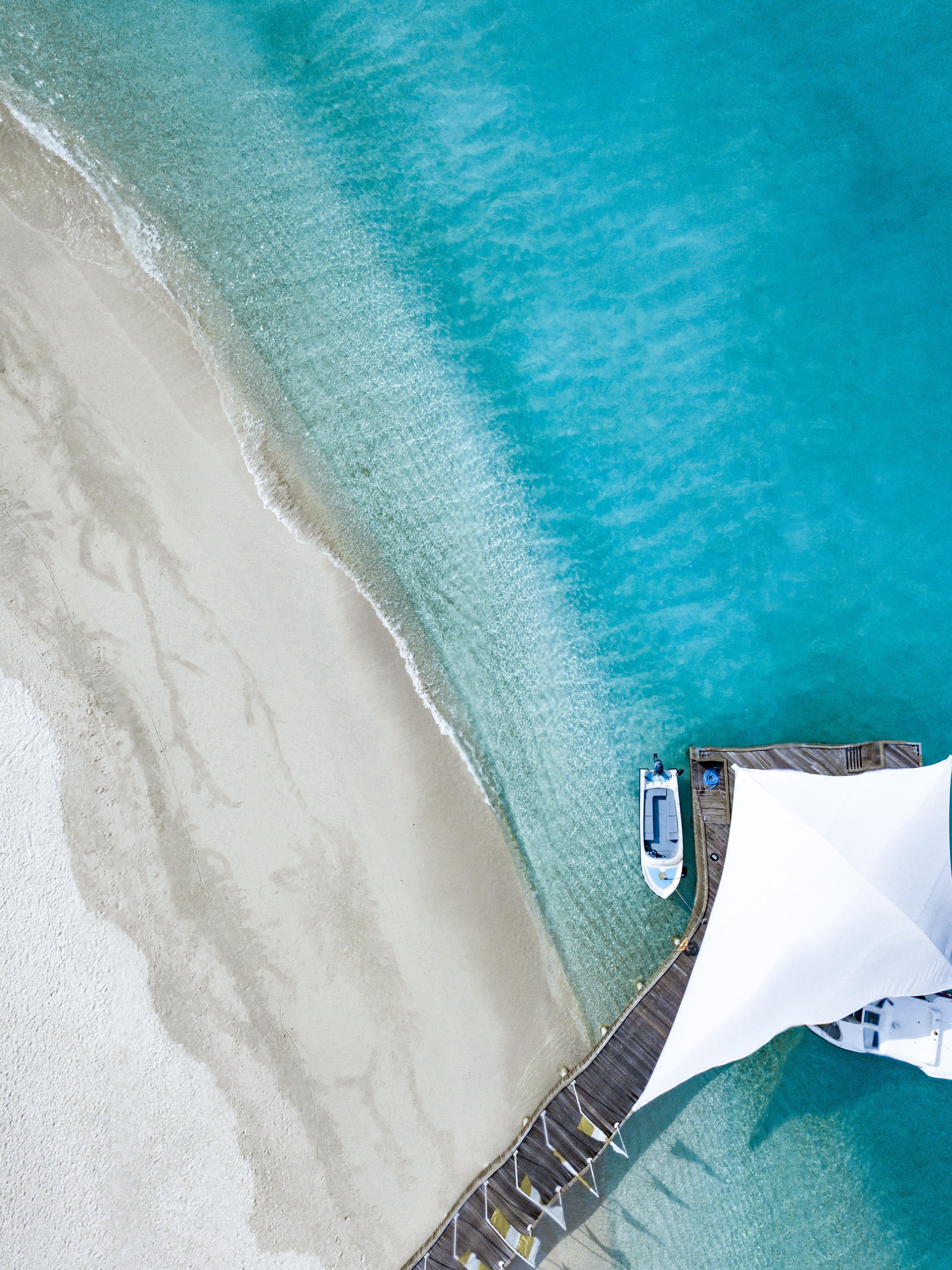 Free download wallpaper Nature, View From Above, Pier, Boat, Ocean, Beach on your PC desktop