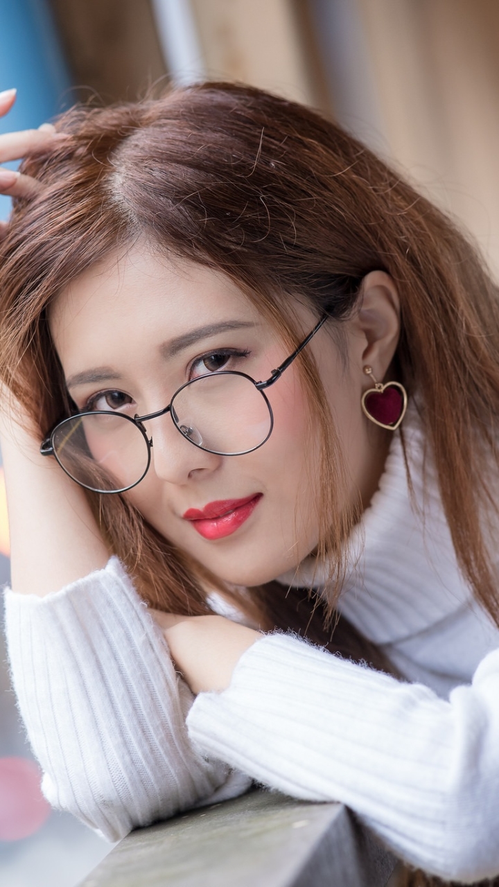 Download mobile wallpaper Glasses, Brunette, Model, Women, Earrings, Asian, Long Hair, Lipstick for free.