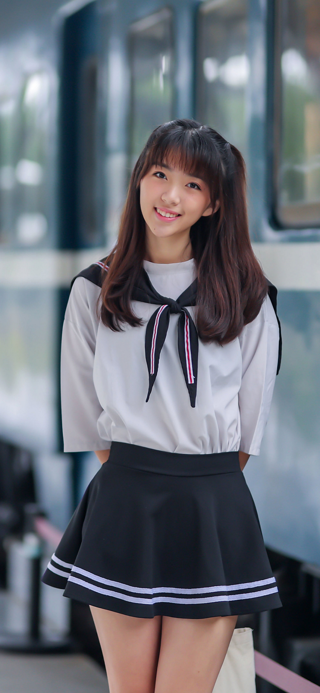 Download mobile wallpaper Brunette, Model, Women, Asian, School Uniform, Depth Of Field for free.