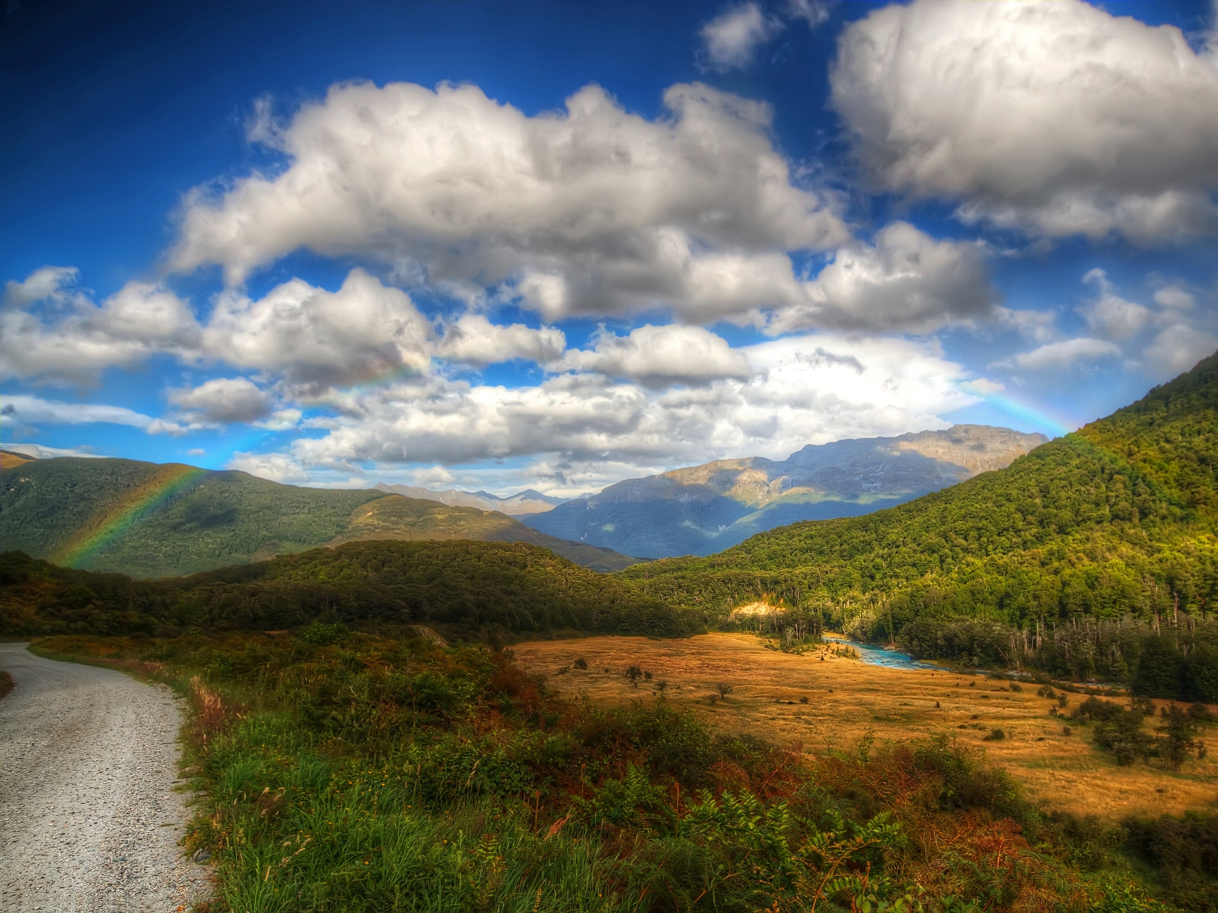 Free download wallpaper Landscape, Grass, Rainbow, Mountain, Road, Earth on your PC desktop