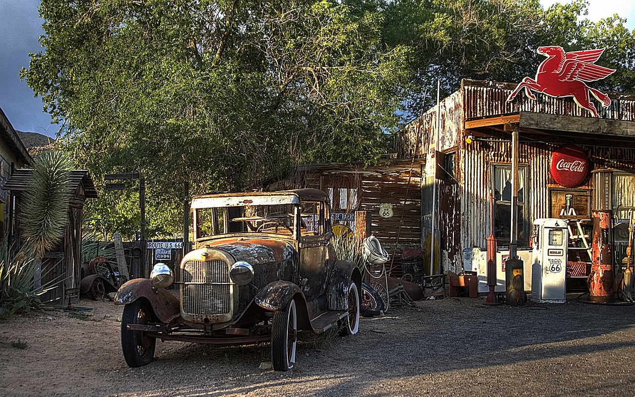 vintage car, vehicles, gas station, wreck
