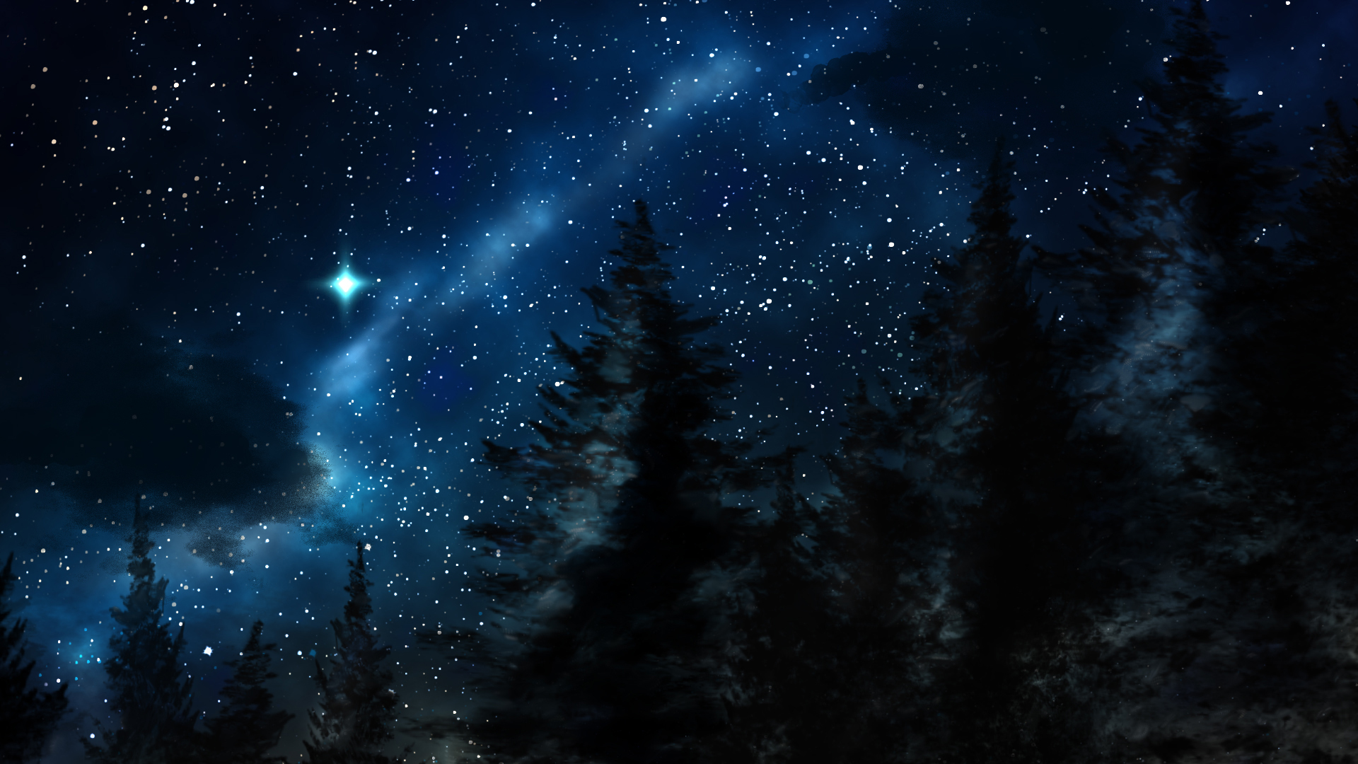 772128 скачать обои сосна, звездное небо, звезды, лес, небо, зима, синий, земля/природа, ночь, дерево - заставки и картинки бесплатно