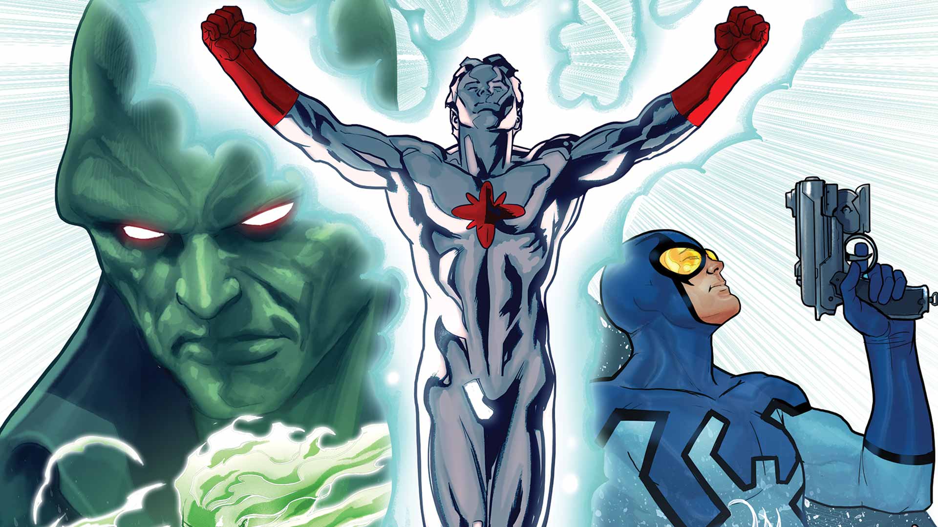 comics, justice league international, blue beetle (dc comics), captain atom, martian manhunter, ted kord