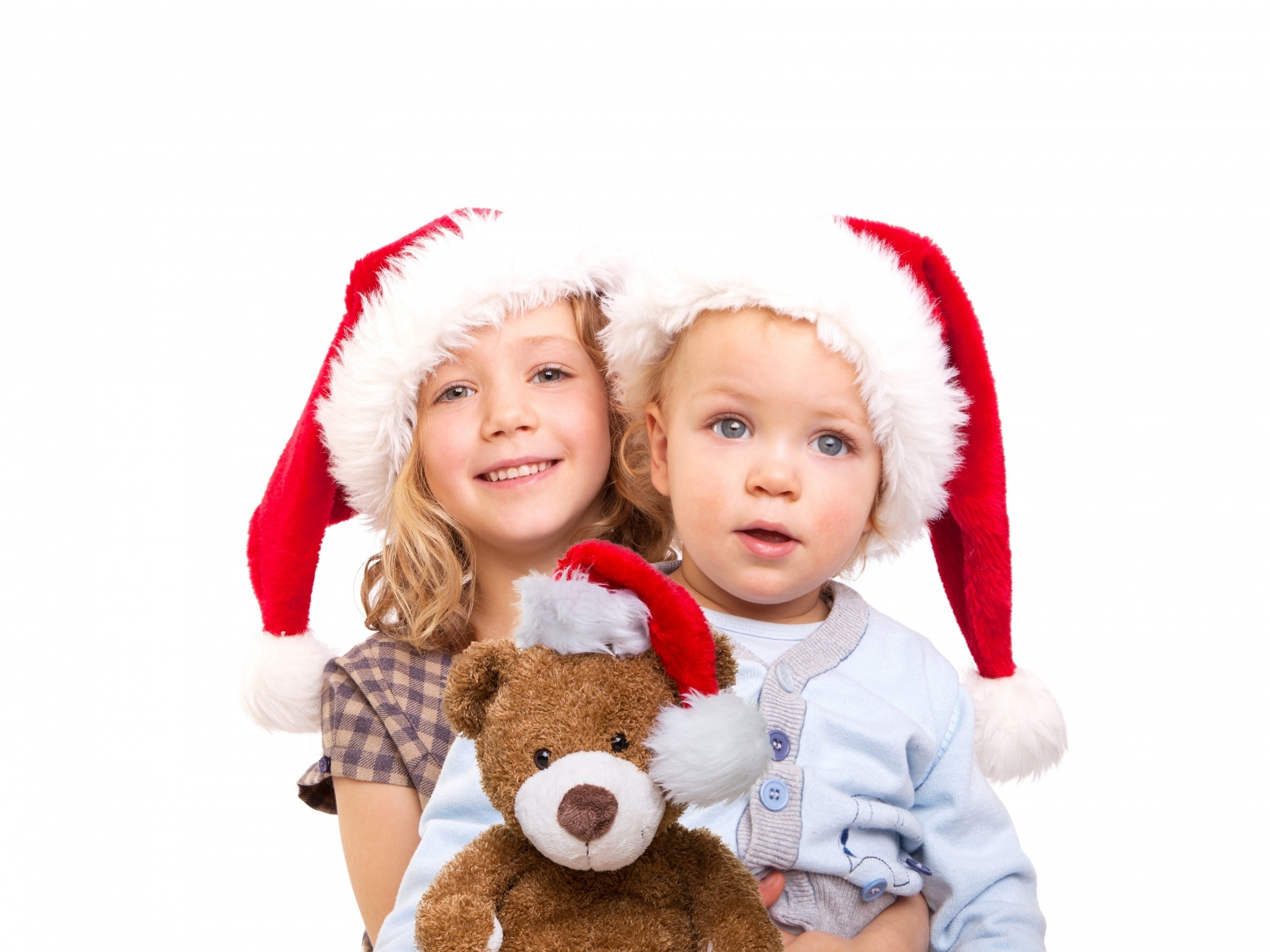 Download mobile wallpaper Teddy Bear, Christmas, Child, Blonde, Photography, Blue Eyes, Santa Hat for free.
