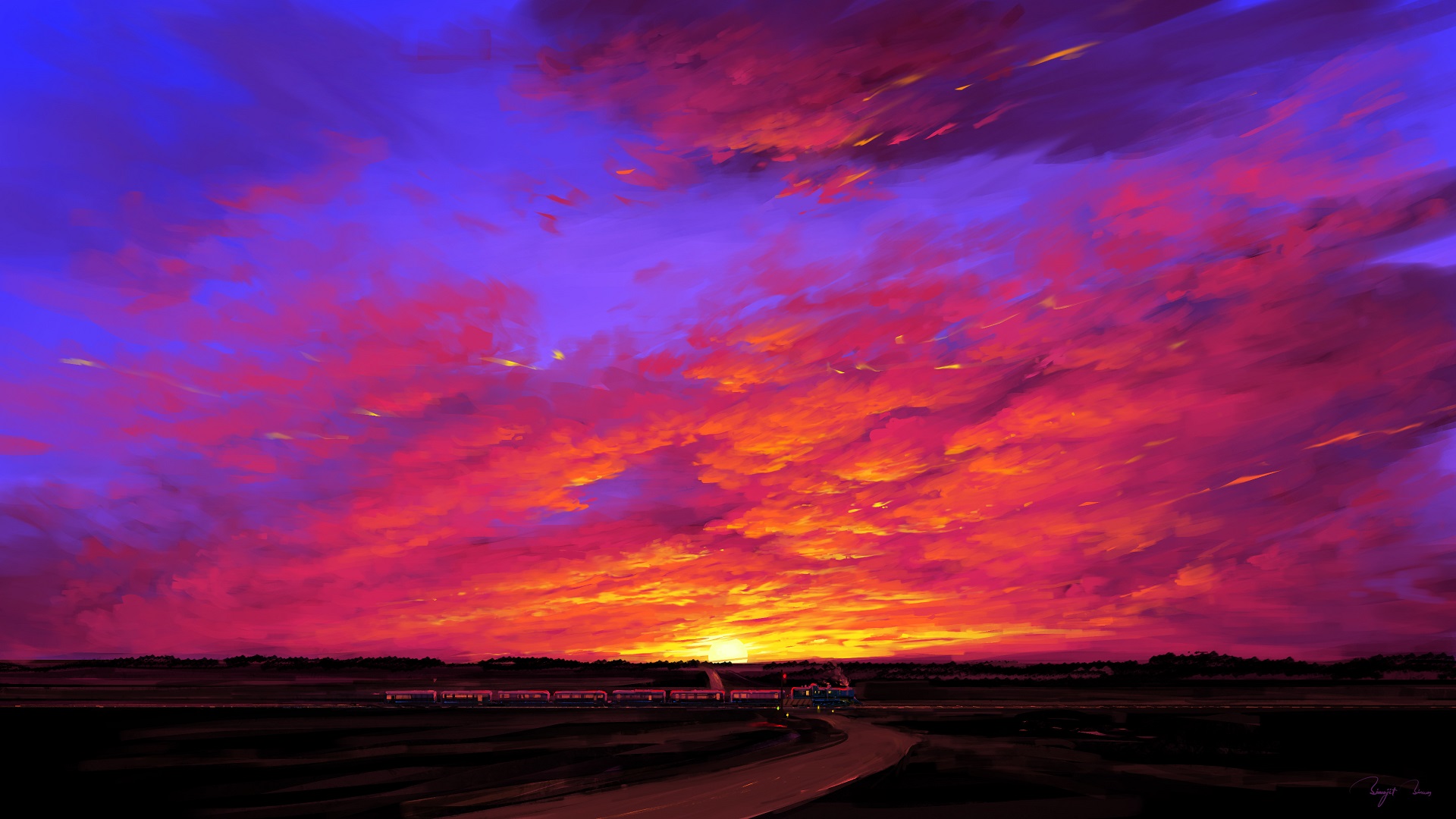 Download mobile wallpaper Sunset, Sky, Horizon, Artistic, Train for free.