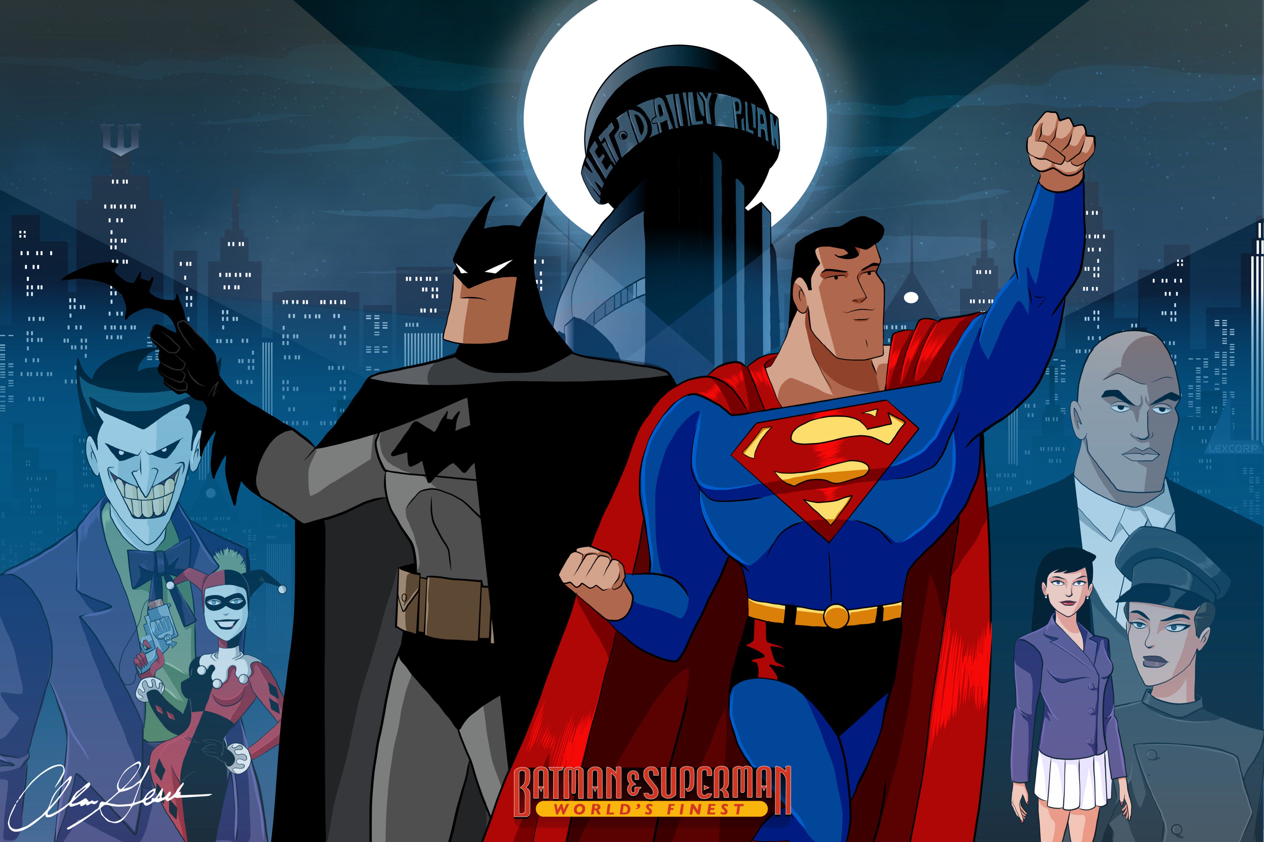 movie, the batman superman movie: world's finest, batman, daily planet, gotham city, harley quinn, joker, lex luthor, lois lane, metropolis (dc comics), superman