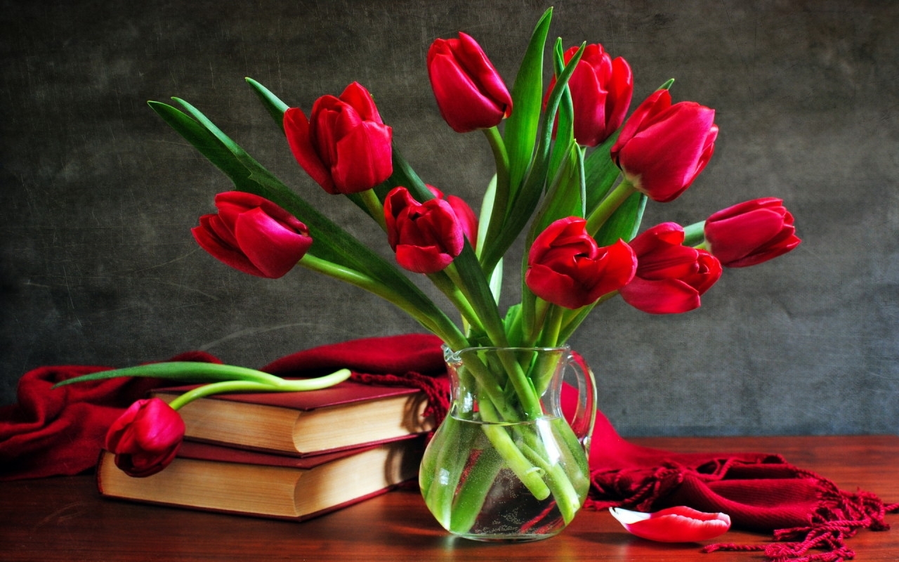 still life, books, plants, flowers, tulips, bouquets 8K