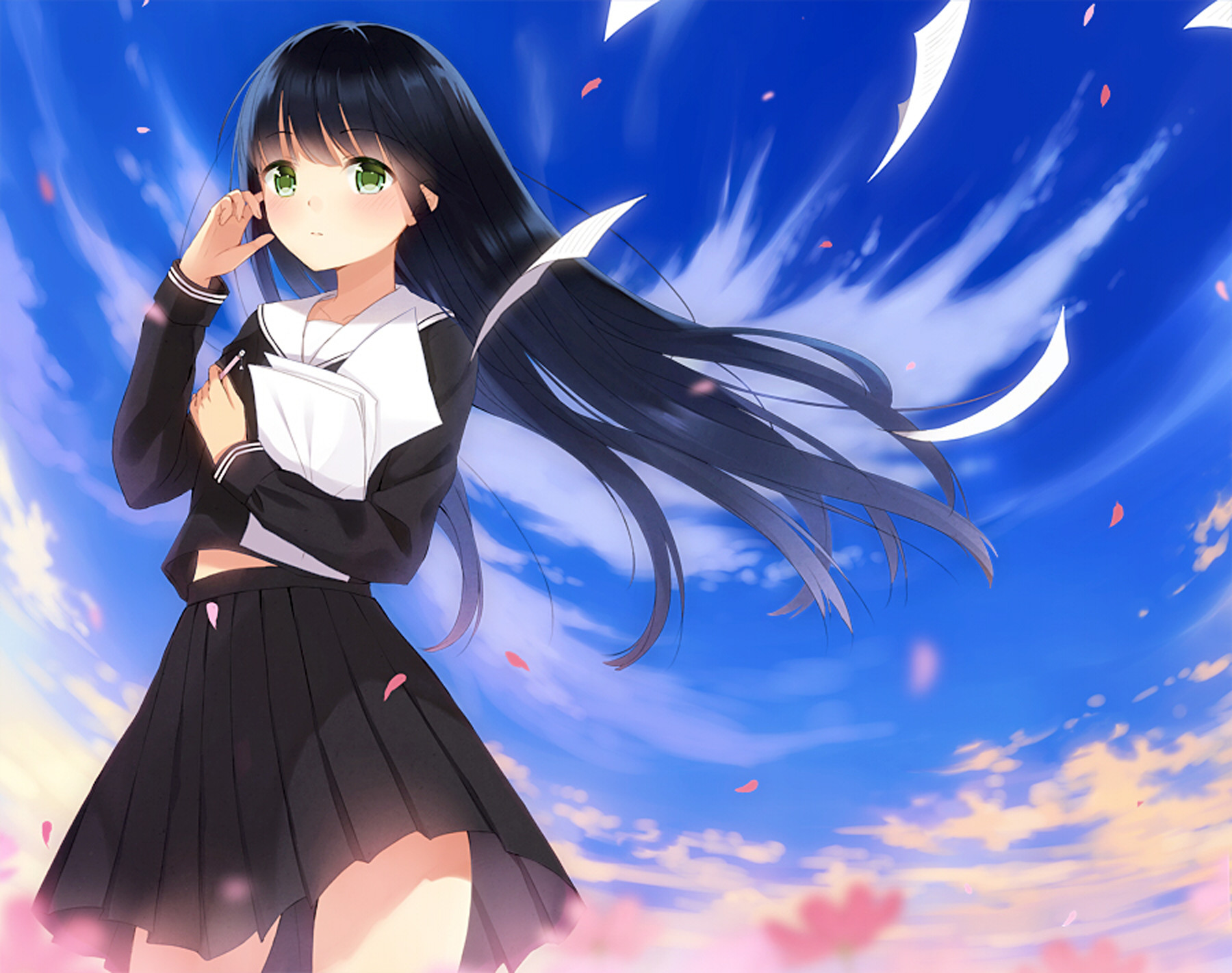 Download mobile wallpaper Anime, Sky, Girl, Paper, Cloud, Green Eyes, School Uniform, Black Hair, Long Hair for free.