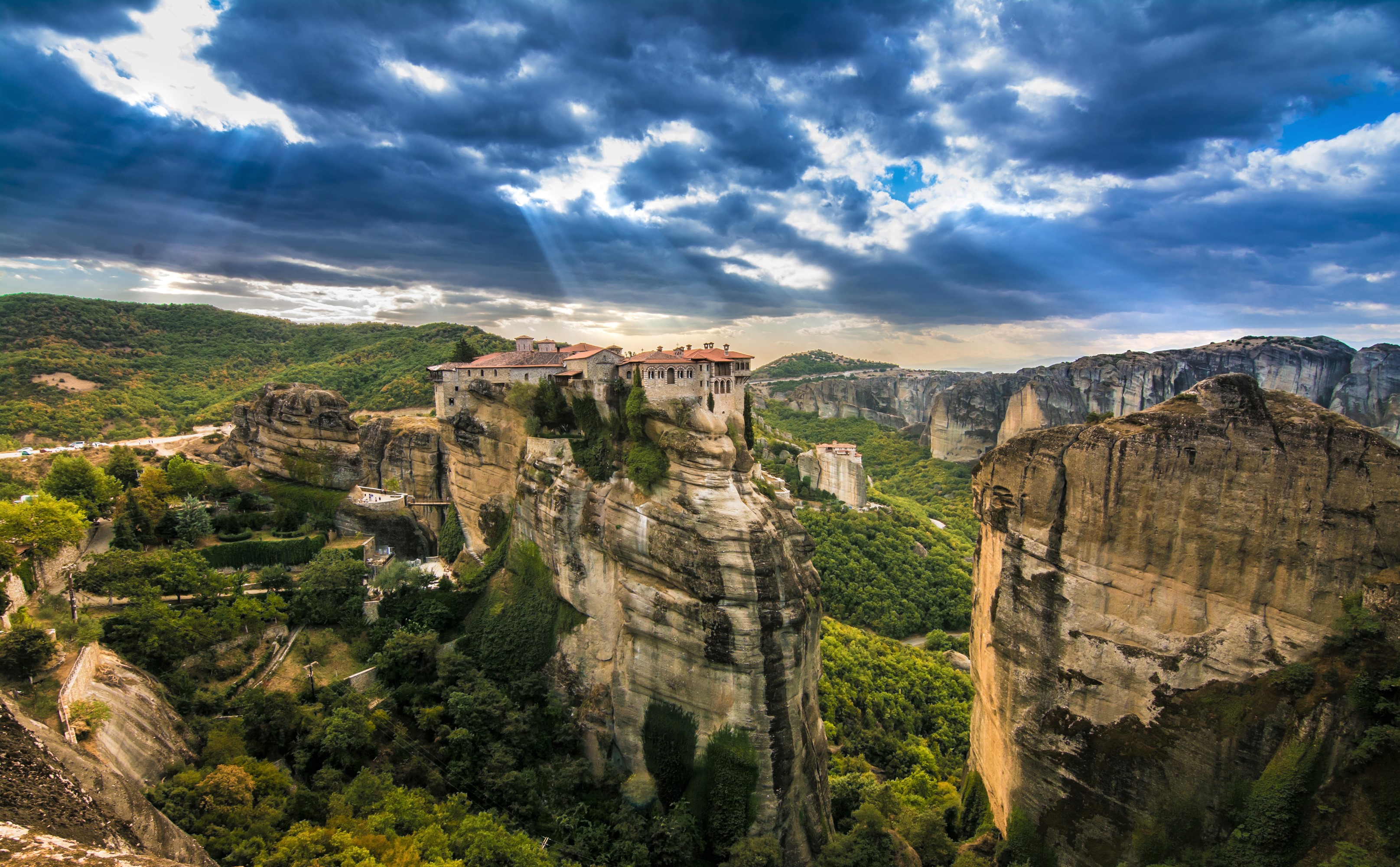 Download mobile wallpaper Cliff, Cloud, Meteora, Greece, Religious for free.