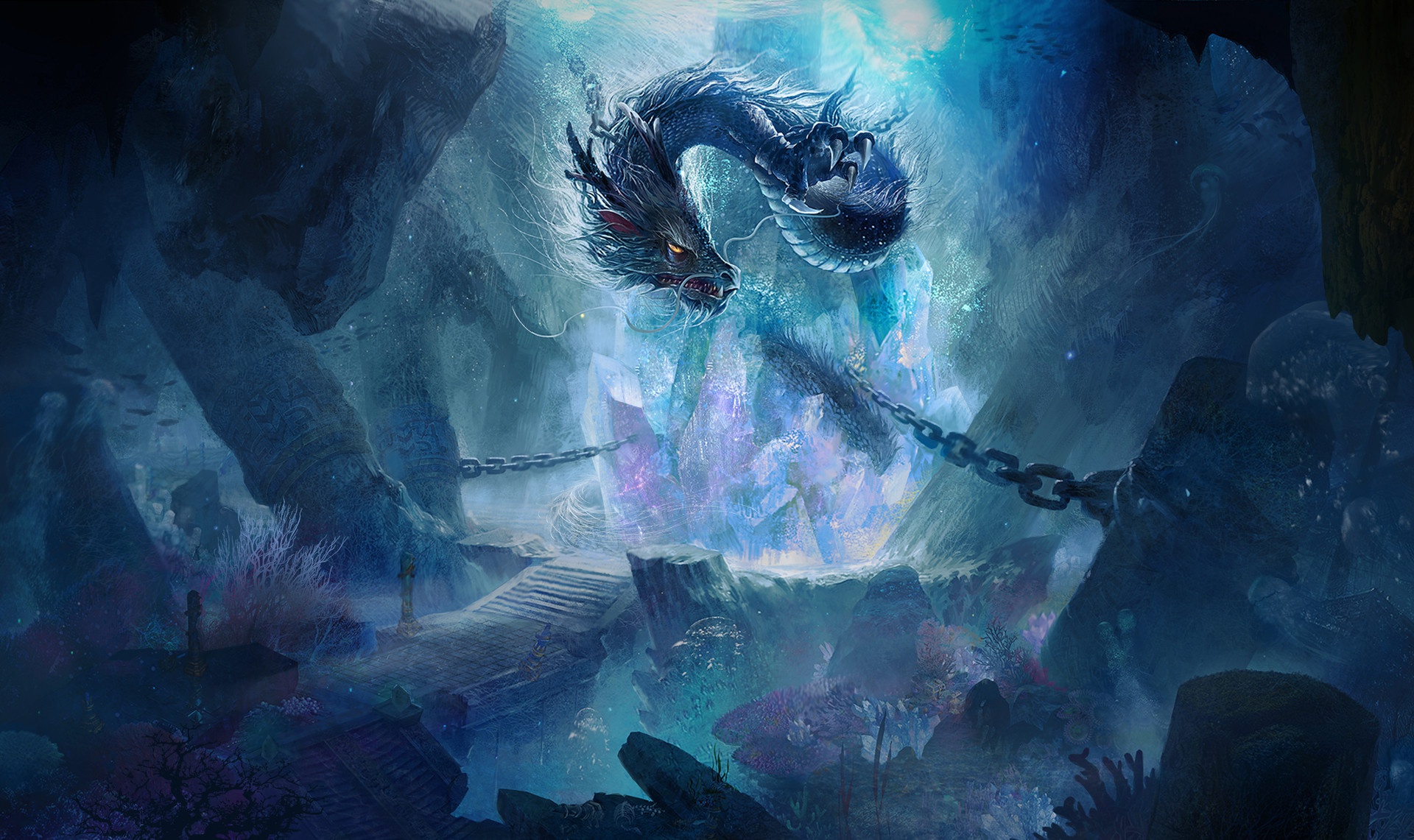 Free download wallpaper Fantasy, Dragon, Underwater, Chain on your PC desktop