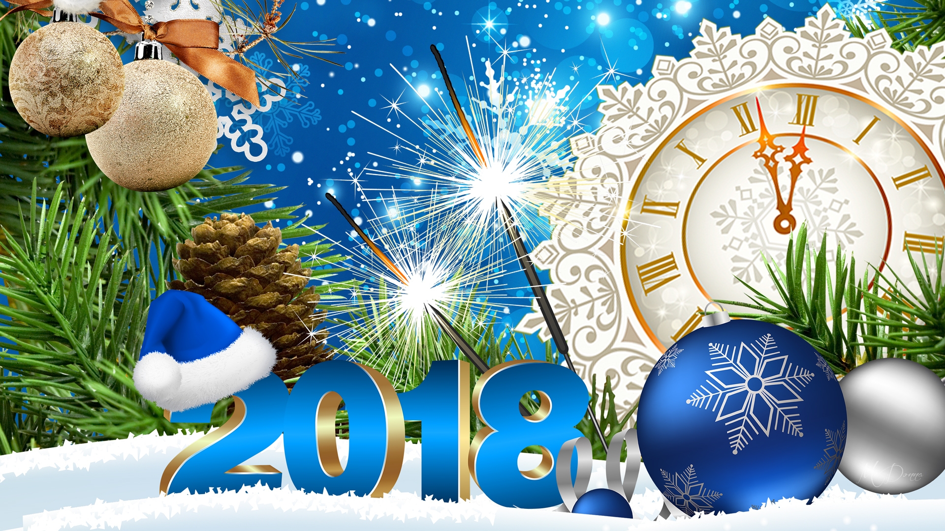 holiday, new year 2018, blue, clock, new year, santa hat, silver, snow