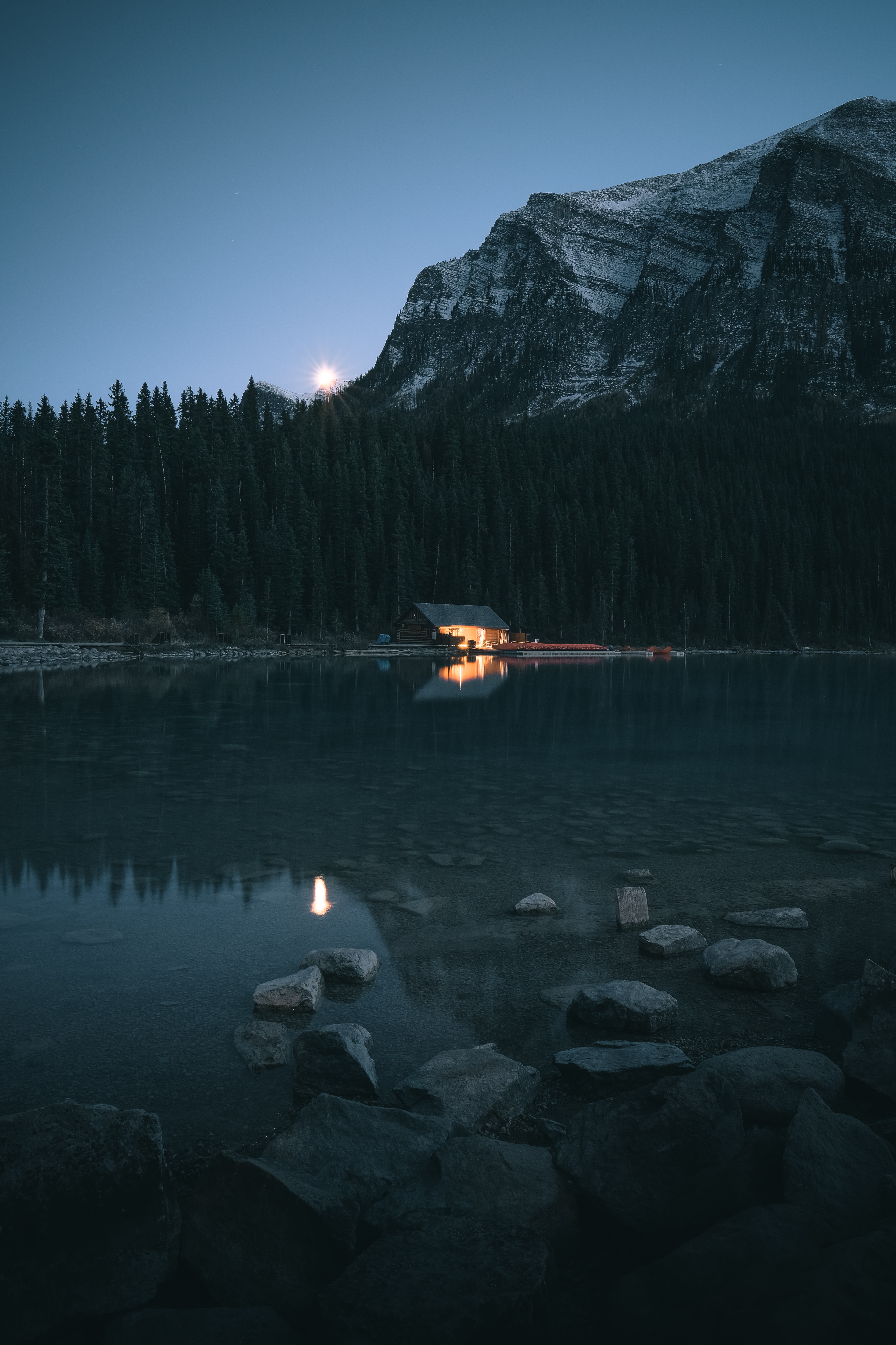 Download mobile wallpaper Shore, Bank, Mountain, Lake, Forest, Nature, House, Night for free.