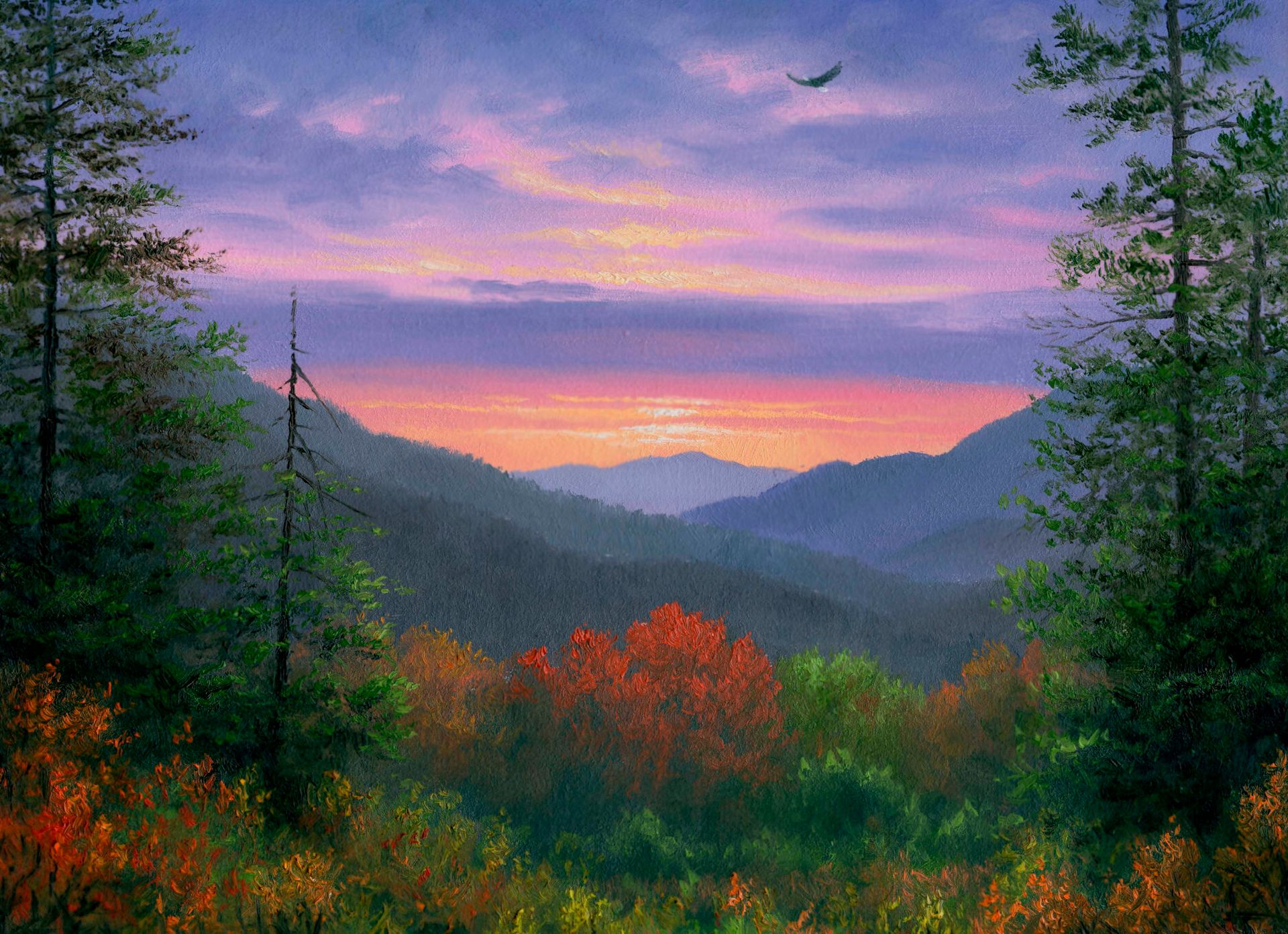 Download mobile wallpaper Landscape, Sunset, Mountain, Forest, Fall, Painting, Artistic for free.