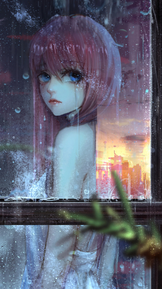 Download mobile wallpaper Anime, Water, Rain, Blue Eyes, Tears, Original, Pink Hair, Long Hair for free.