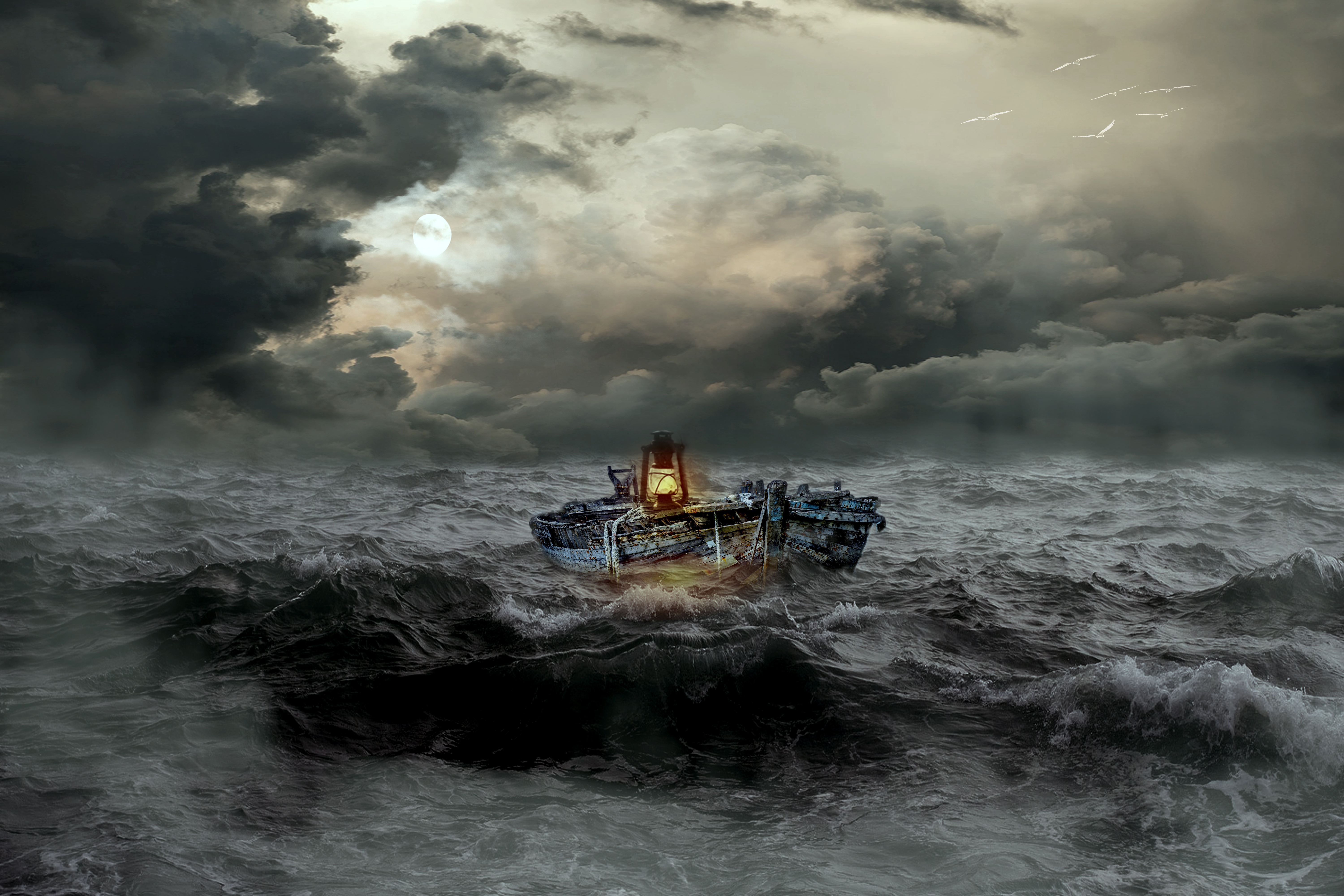 boat, sea, miscellanea, miscellaneous, waves, mainly cloudy, overcast, storm Full HD