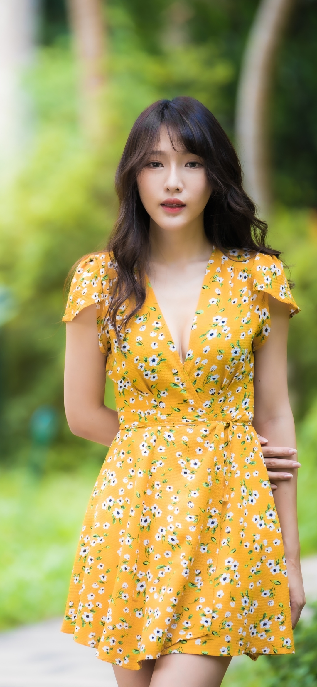 Download mobile wallpaper Model, Women, Yellow Dress, Asian, Black Hair for free.
