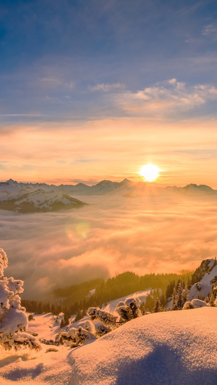 Handy-Wallpaper Landschaft, Winter, Natur, Schnee, Nebel, Sonnenaufgang, Himmel, Erde/natur kostenlos herunterladen.