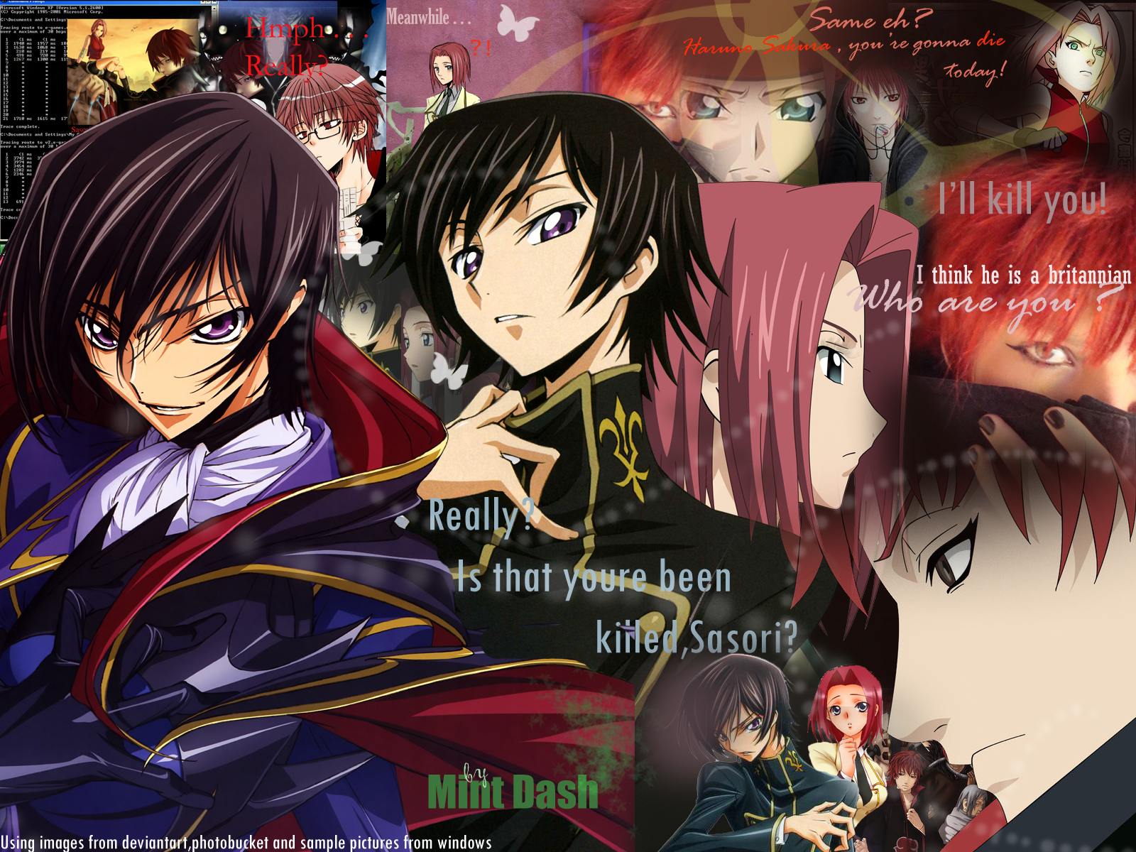 Free download wallpaper Anime, Crossover, Lelouch Lamperouge, Suzaku Kururugi, Sakura Haruno, Sasori (Naruto), Kallen Kōzuki on your PC desktop