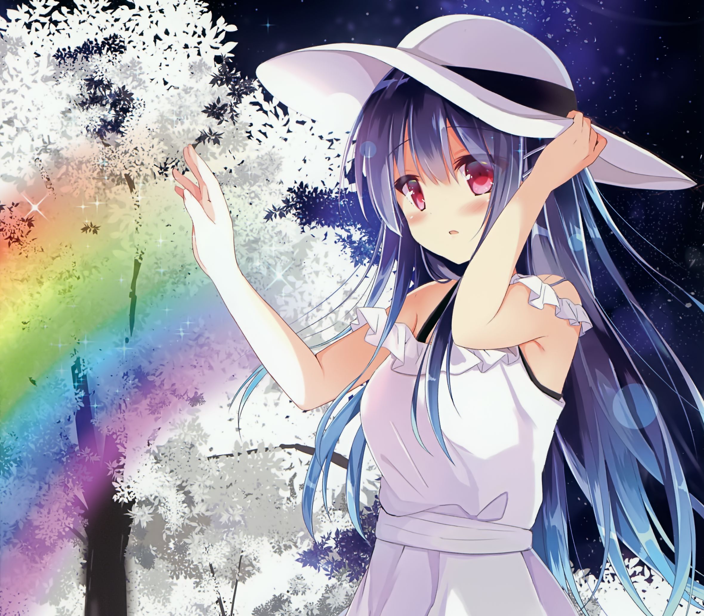 Free download wallpaper Anime, Rainbow, Hat, Original, Blush, Red Eyes, Black Hair, Long Hair on your PC desktop