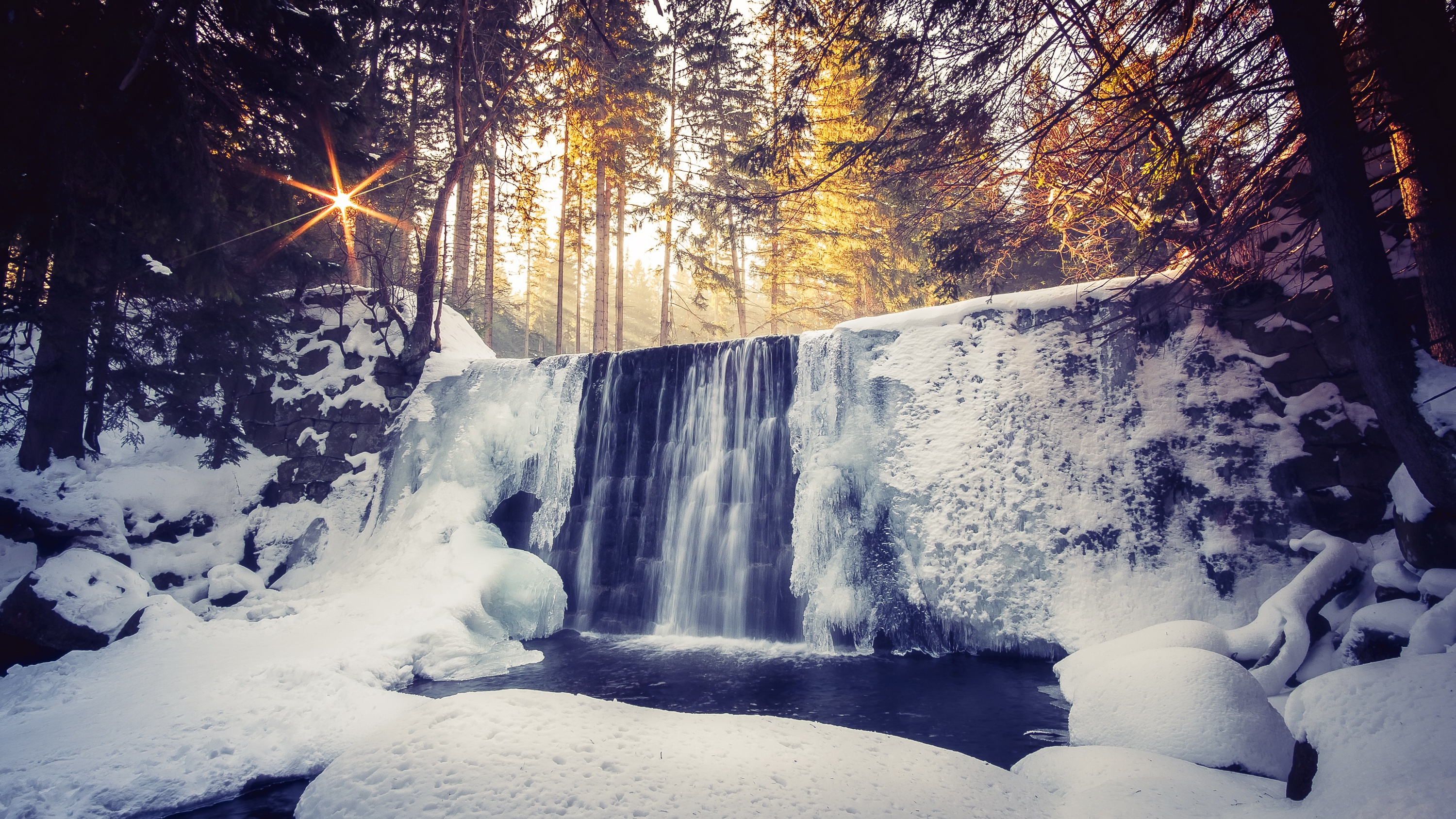 Download mobile wallpaper Winter, Nature, Ice, Waterfalls, Snow, Waterfall, Earth, Frozen, Sunbeam for free.