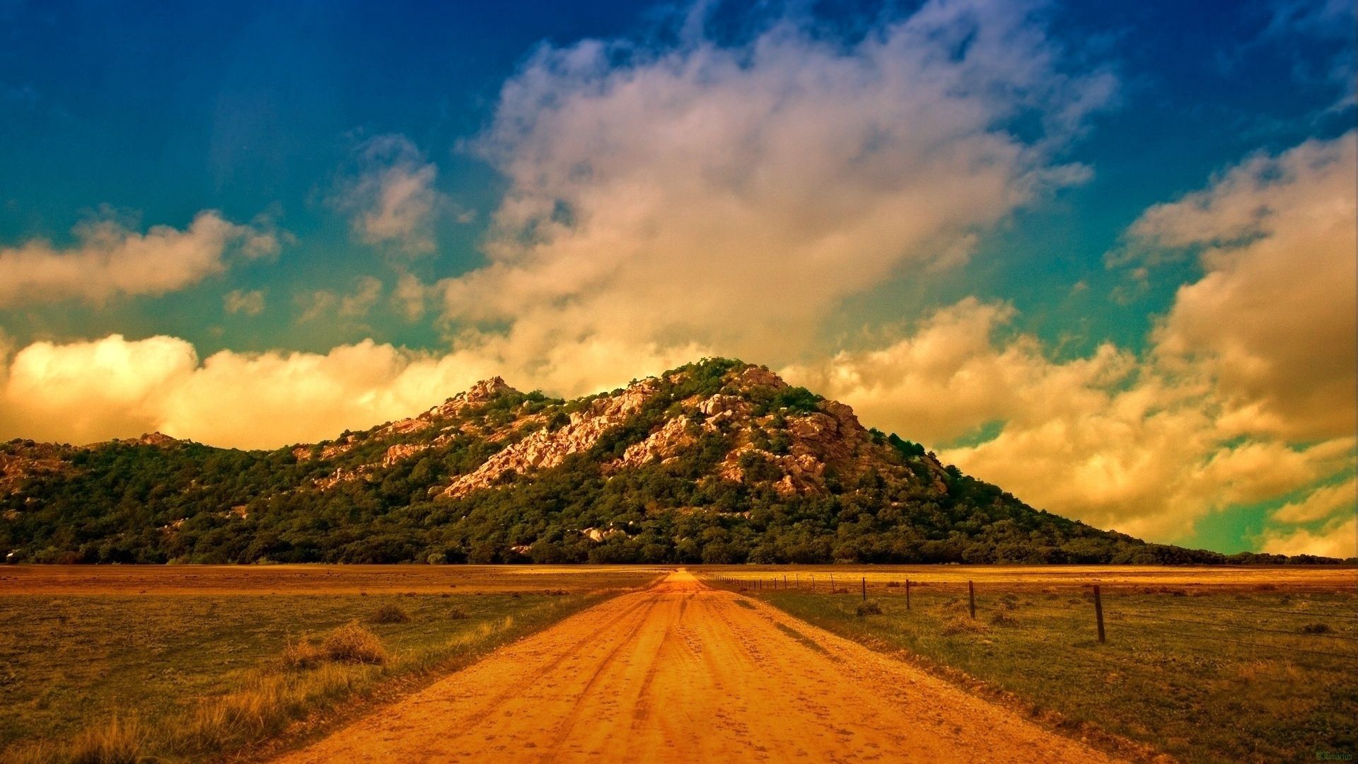 nature, sky, clouds, mountain, road, dirt, straight, straight line, unpaved