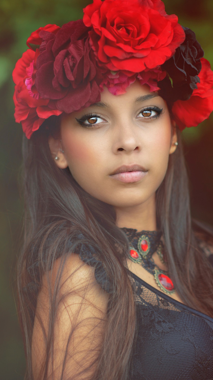 Download mobile wallpaper Flower, Wreath, Model, Women, Brown Eyes, Red Flower for free.