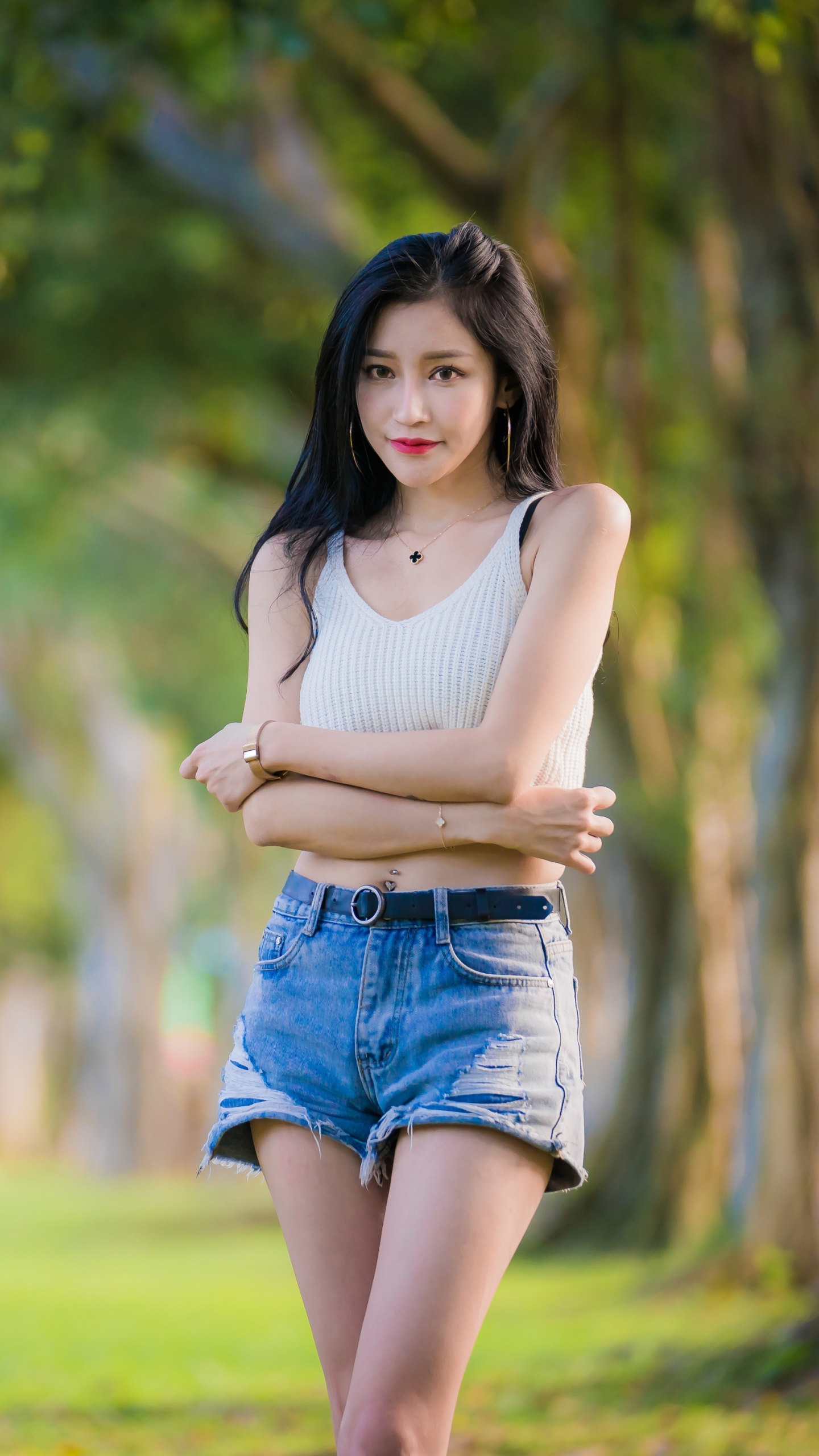 Download mobile wallpaper Model, Women, Shorts, Asian, Black Hair, Long Hair, Depth Of Field for free.