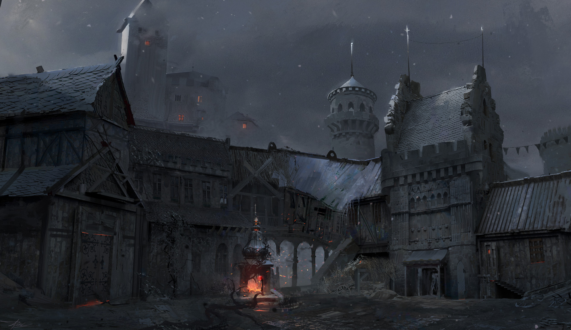 Free download wallpaper Fantasy, Fire, Night, Building, House, Tower on your PC desktop