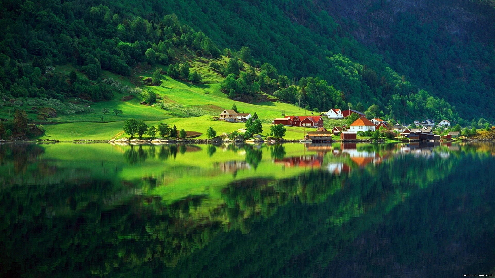 Free download wallpaper Landscape, Houses, Trees, Mountains, Lakes on your PC desktop