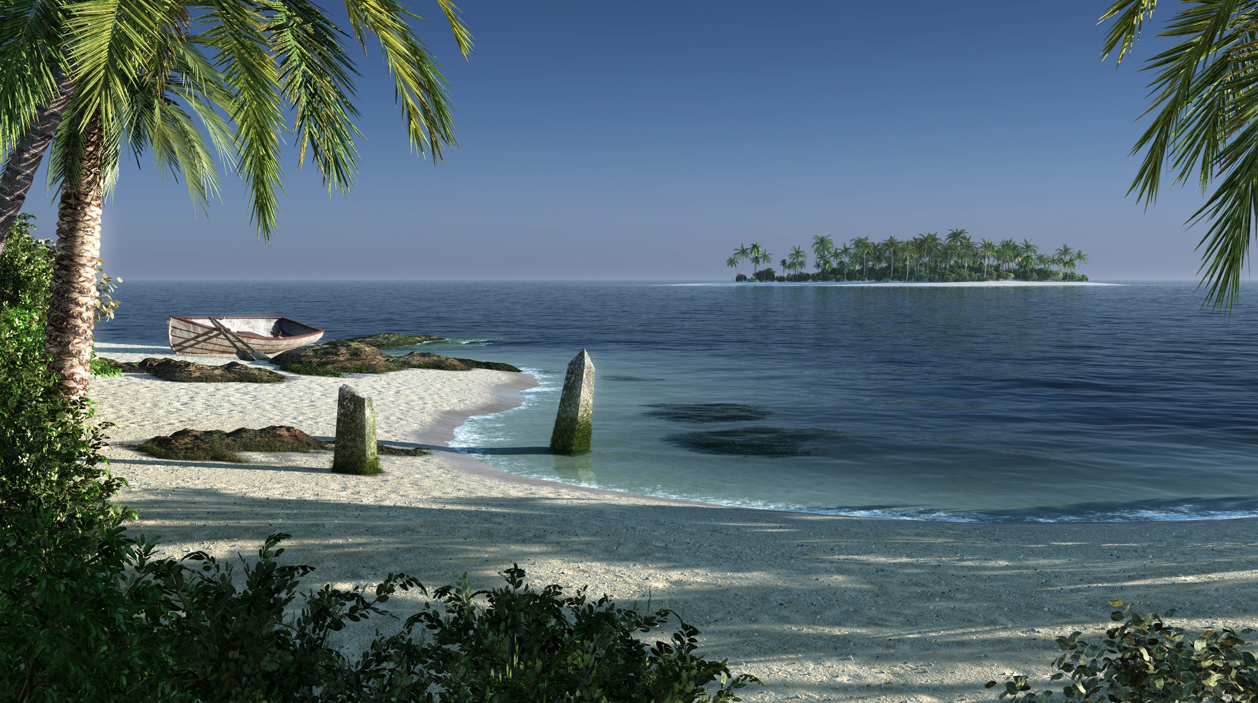 203397 скачать обои дерево, пейзаж, море, лодка, художественные, пляж, остров - заставки и картинки бесплатно