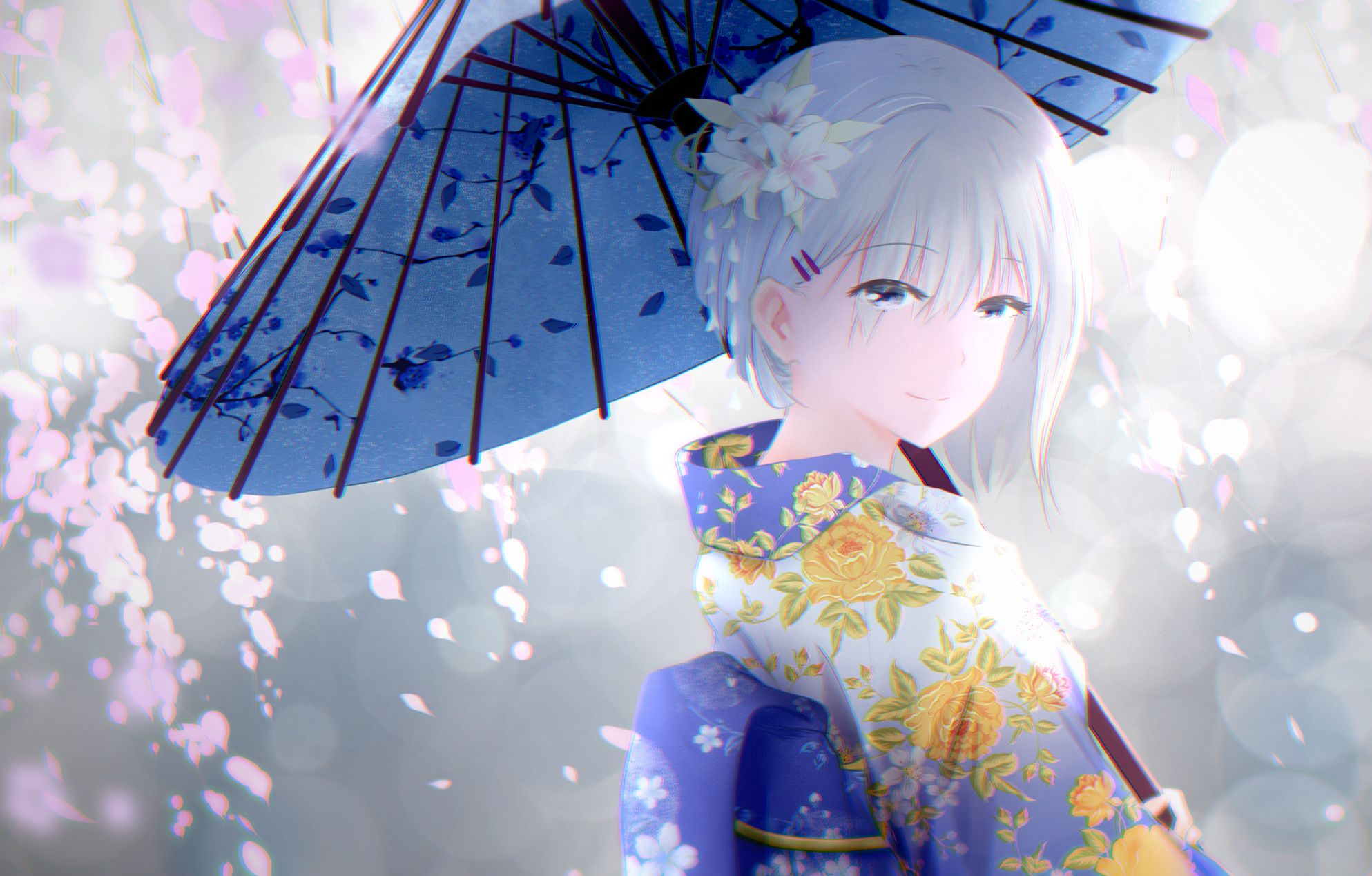 893087 Hintergrundbild herunterladen animes, original, kirschblüte, blume, graue augen, kimono, lange haare, sonnenschirm, lächeln, weißes haar - Bildschirmschoner und Bilder kostenlos