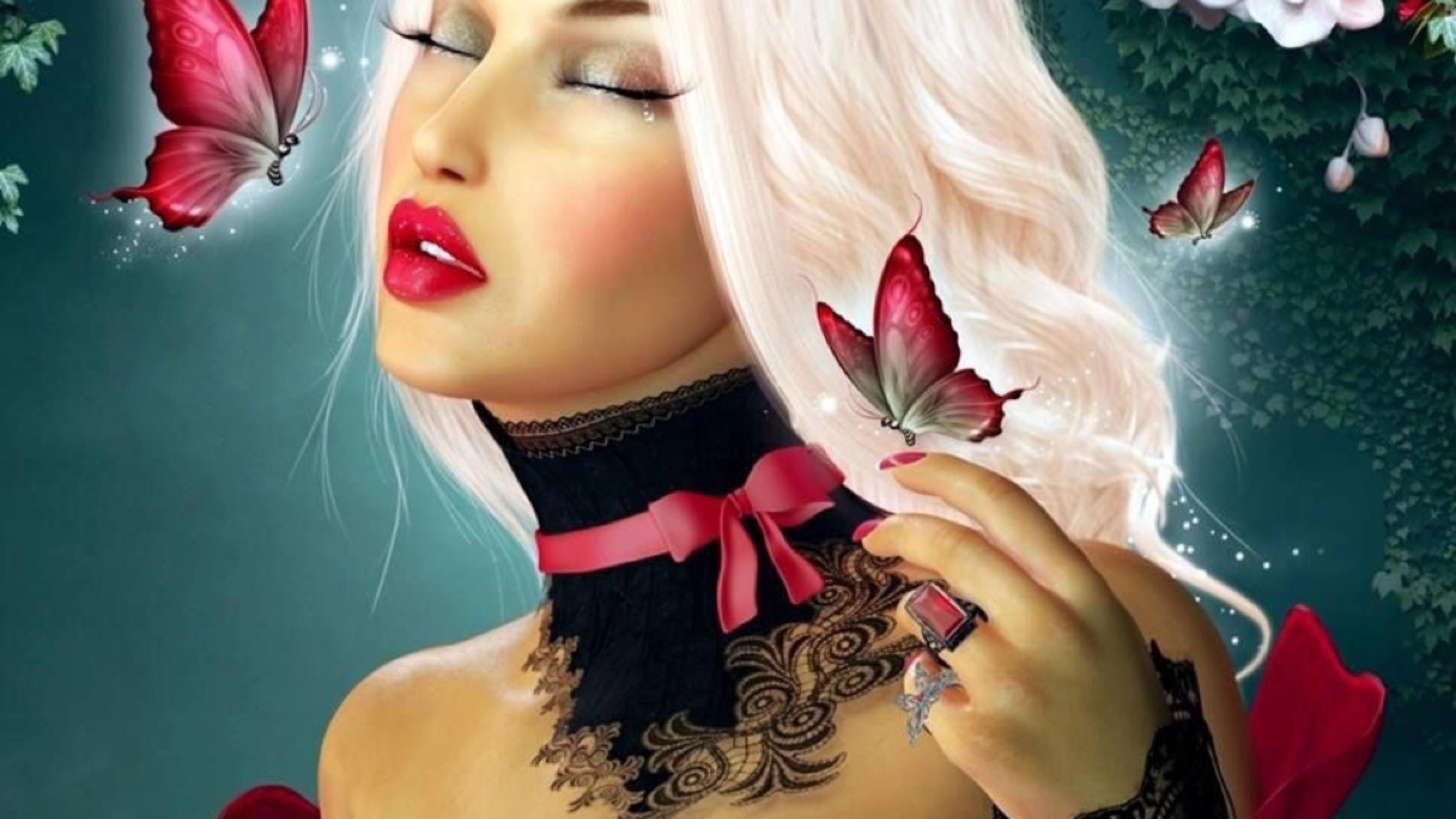 Free download wallpaper Fantasy, Butterfly, Women, White Hair, Lipstick on your PC desktop