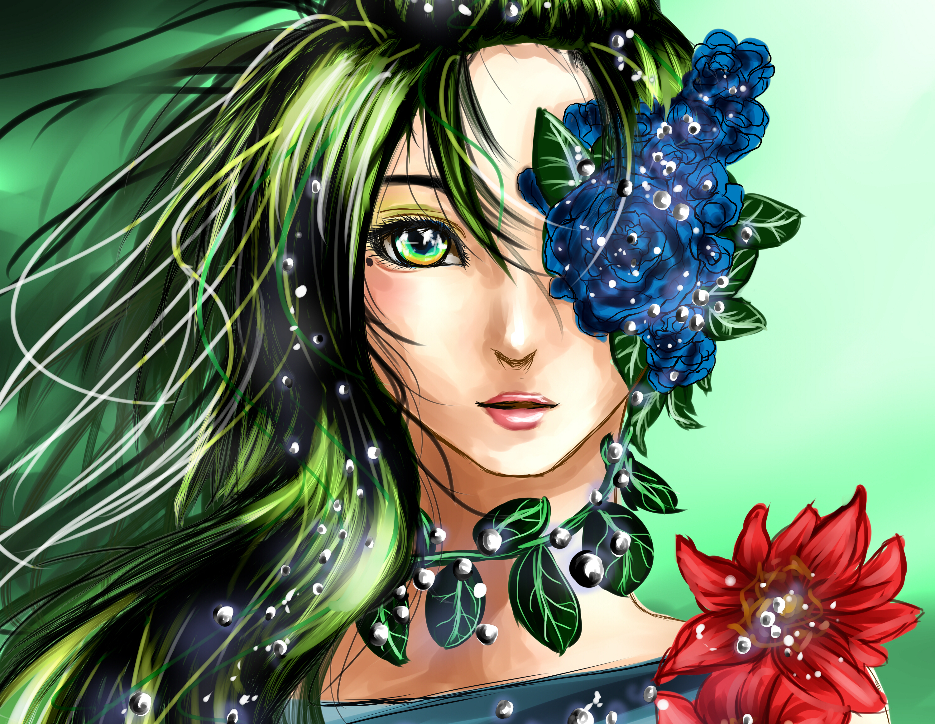 PCデスクトップにファンタジー, 葉, 輝き, 花, 緑髪, 妖精, 緑の目画像を無料でダウンロード
