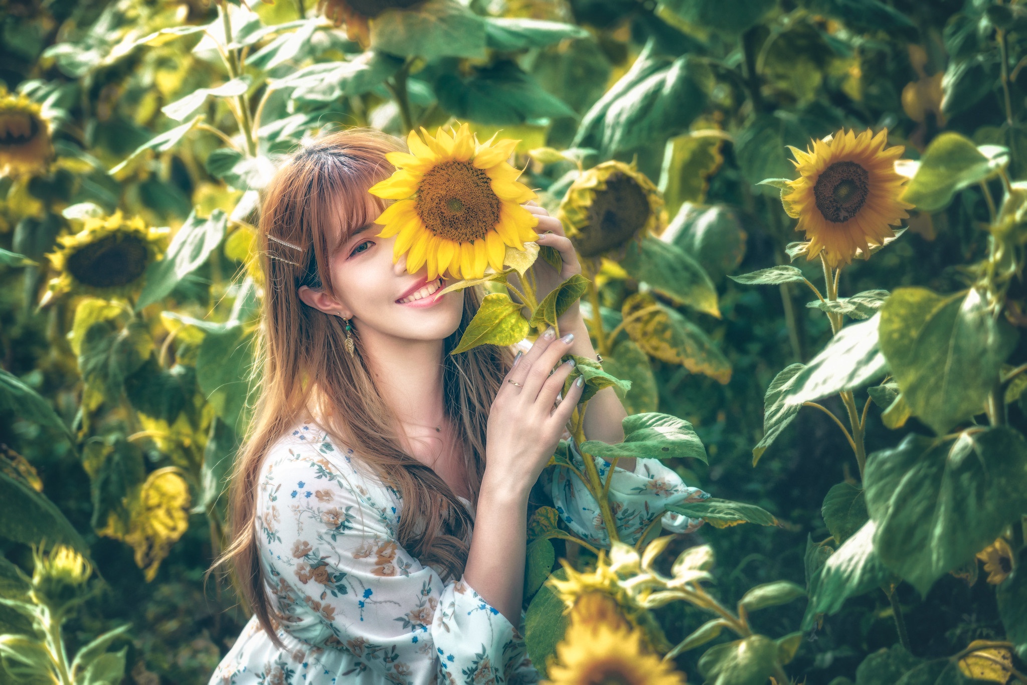 Download mobile wallpaper Smile, Sunflower, Brunette, Model, Women, Yellow Flower, Asian, Long Hair for free.