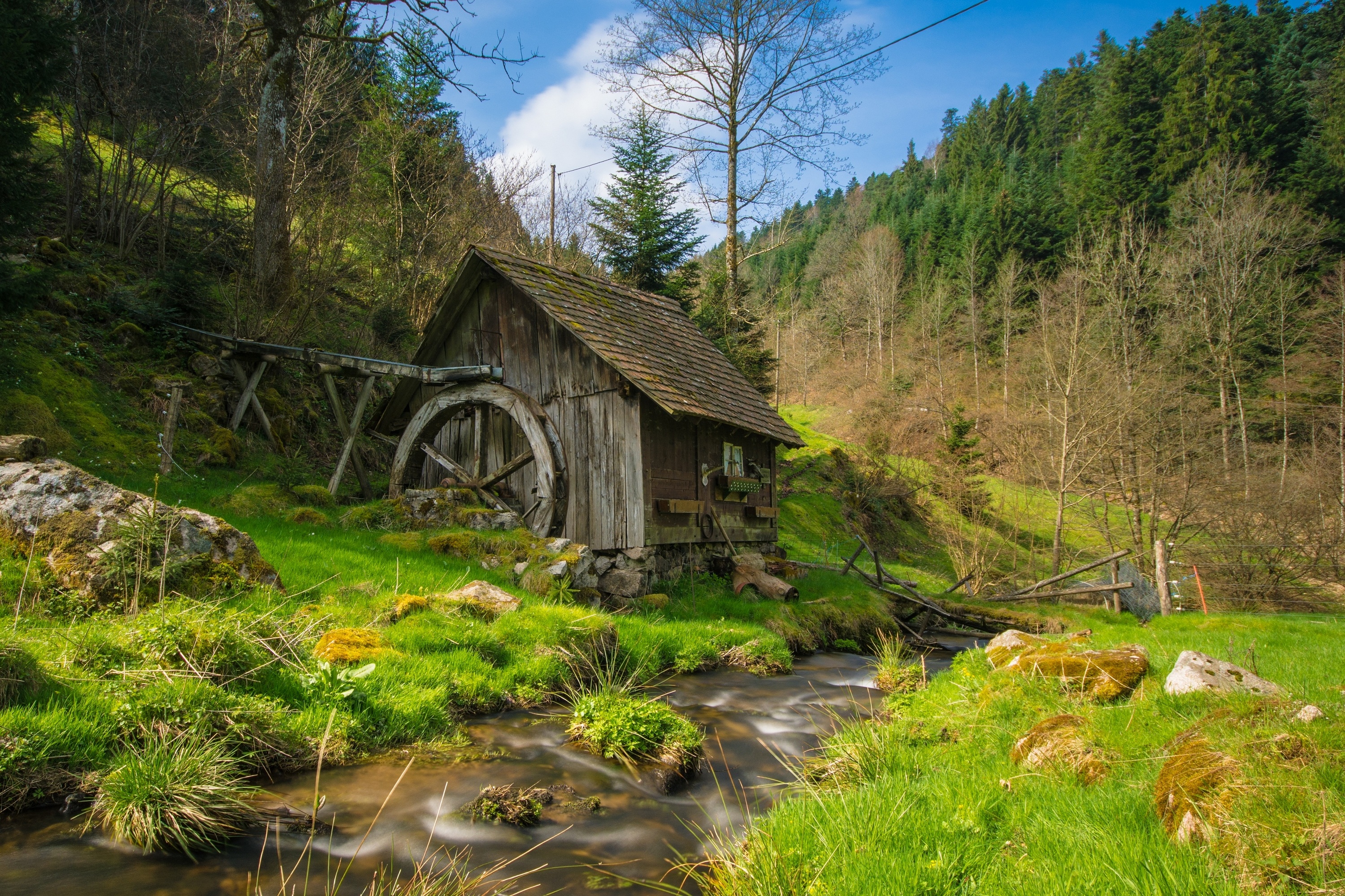 Download mobile wallpaper Grass, Building, Stream, Man Made, Watermill for free.