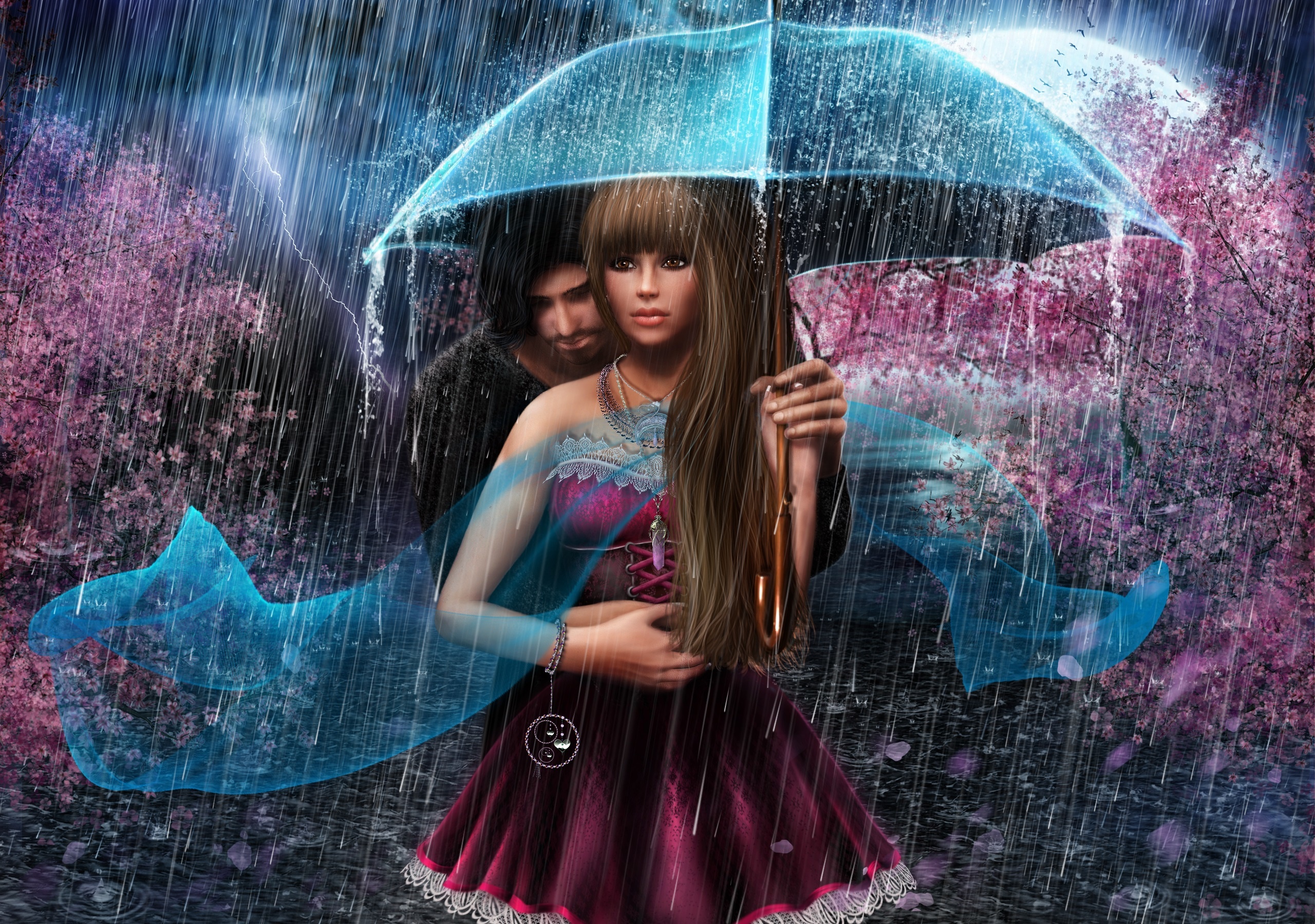 Free download wallpaper Fantasy, Rain, Love, Couple, Umbrella on your PC desktop