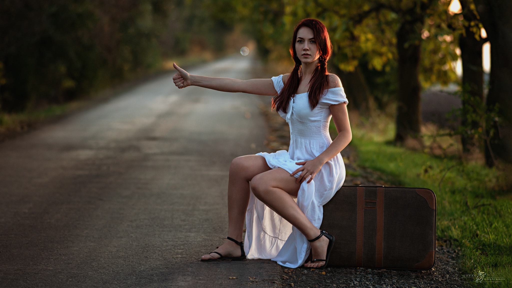 Download mobile wallpaper Redhead, Mood, Dress, Women, Suitcase, Hitchhiking for free.