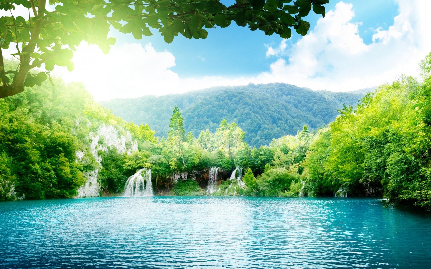 waterfalls, mountains, turquoise, landscape, trees, lakes wallpaper for mobile
